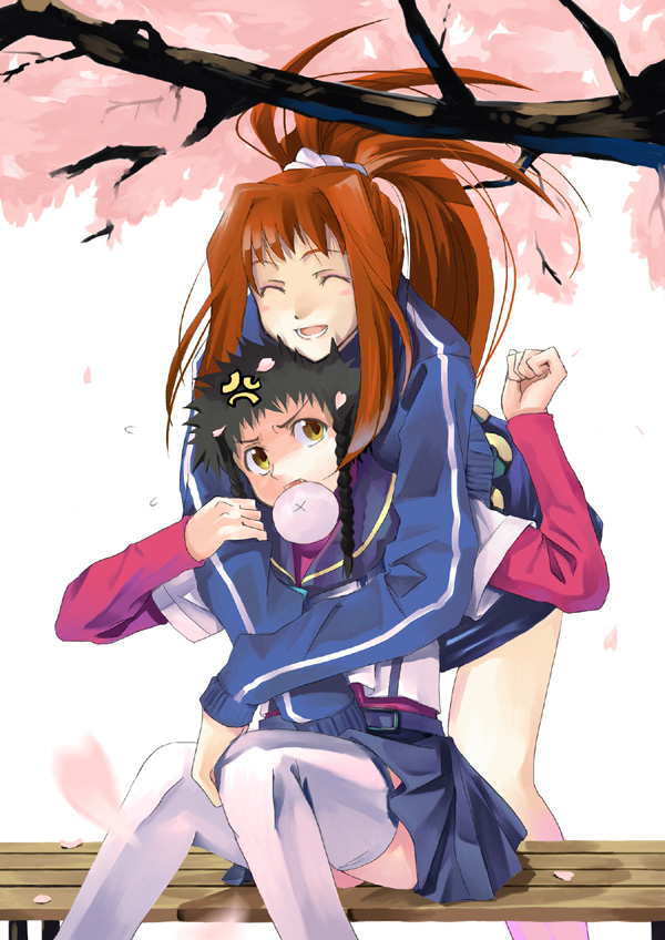 kabocha, kabocha (monkey4), minagi mikoto, sugiura midori, my-hime, 00s, 2girls, angry, blowing bubble gum, blowing bubbles, braid, cherry blossoms, chewing gum, happy, hug, long hair, multiple girls, orange hair, ponytail, school uniform, skirt, thighhighs, twin braids