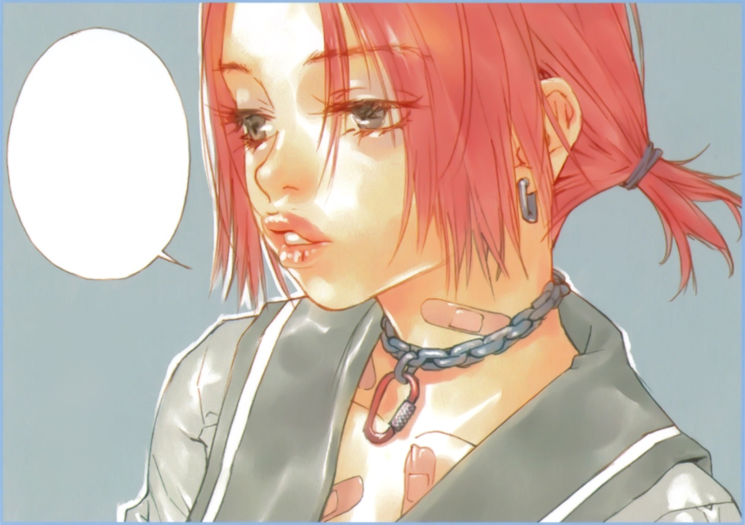 okazaki takeshi, platonic chain, tagme, 1girl, bandaid, chain, lips, pink hair, school uniform