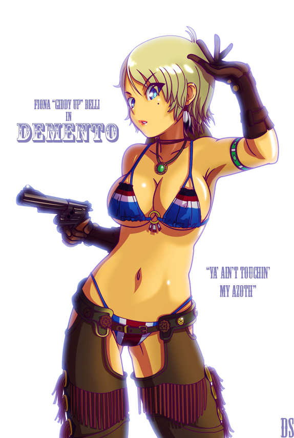 dragslicks (artist), fiona belli, capcom, demento, 1girl, alternate costume, armband, armpits, bikini, blonde hair, bloom, blue eyes, breasts, chaps, cleavage, cowboy hat, cowboy shot, cowboy western, earrings, elbow gloves, female focus, fringe trim, gloves, gun, handgun, hat, jewelry, large breasts, lipstick, makeup, micro bikini, necklace, o-ring, o-ring top, revolver, shiny skin, short hair, solo, string bikini, swimsuit, tan, weapon