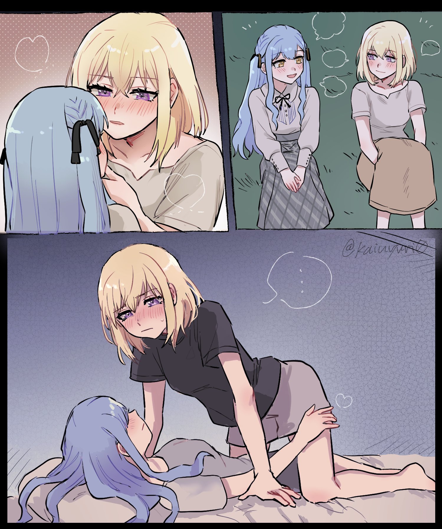 penguinbu, misumi uika, togawa sakiko, bang dream!, bang dream! it's mygo!!!!!, commentary, highres, …, 2girls, barefoot, black ribbon, black shirt, blonde hair, blue hair, blush, closed mouth, grey shirt, grey shorts, hair ribbon, hand on another's thigh, long hair, long sleeves, medium hair, multiple girls, parted lips, purple eyes, ribbon, shirt, short sleeves, shorts, sitting, smile, spoken ellipsis, straddling, twitter username, two side up, yuri
