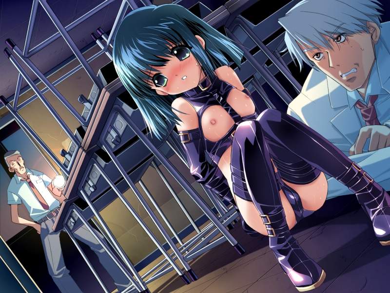 csy, akihime saya, shiroyama shouichi, after school, pink no ayumi!, purple footwear, game cg, 10s, 1girl, 2boys, age difference, aqua eyes, arms behind back, bare shoulders, bdsm, belt, black gloves, black panties, black thighhighs, blue hair, blush, bondage, bondage outfit, boots, bound, breastless clothes, breasts, classroom, clenched teeth, collar, crop top, dark, desk, dress shirt, dutch angle, elbow gloves, flashlight, flat chest, frown, gloves, hand on own hip, hiding, indoors, knees together feet apart, lab coat, latex, lingerie, loli, lying, multiple boys, necktie, nipples, old, old man, on stomach, panties, parted lips, scared, school, school desk, shadow, shiny clothes, shirt, short hair, short sleeves, sidelocks, sitting, small breasts, small nipples, squatting, standing, strap, sweat, sweater, teacher, teacher and student, teeth, thigh boots, thighhighs, tile floor, tiles, underwear, walk-in, white hair, white shirt, yellow eyes