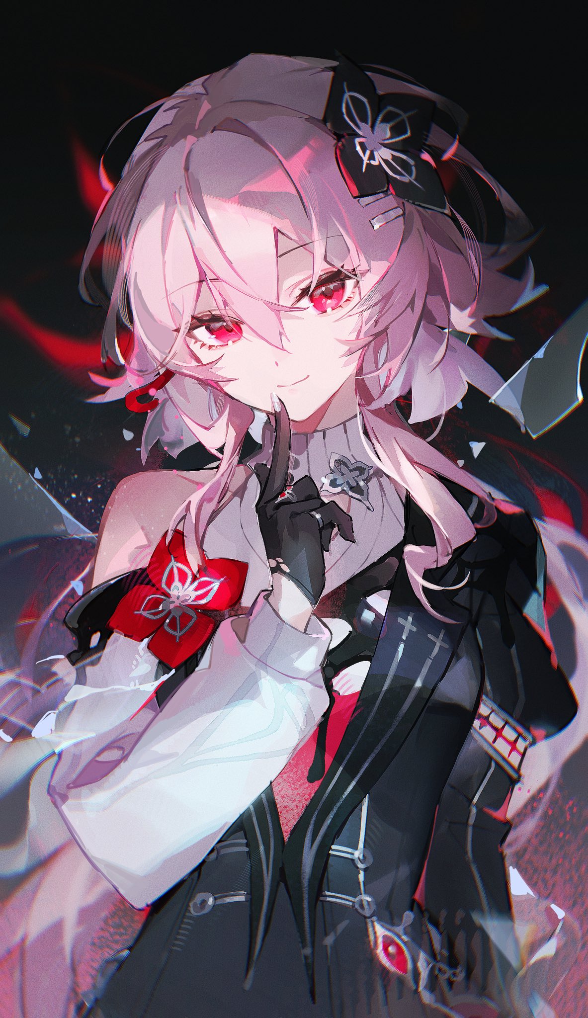 kocir, evernight (honkai: star rail), march 7th (honkai: star rail), honkai: star rail, honkai (series), highres, 1girl, black flower, black gloves, earrings, flower, flower ornament, gloves, half-jacket, jewelry, official alternate eye color, pink hair, ring, single earring, solo