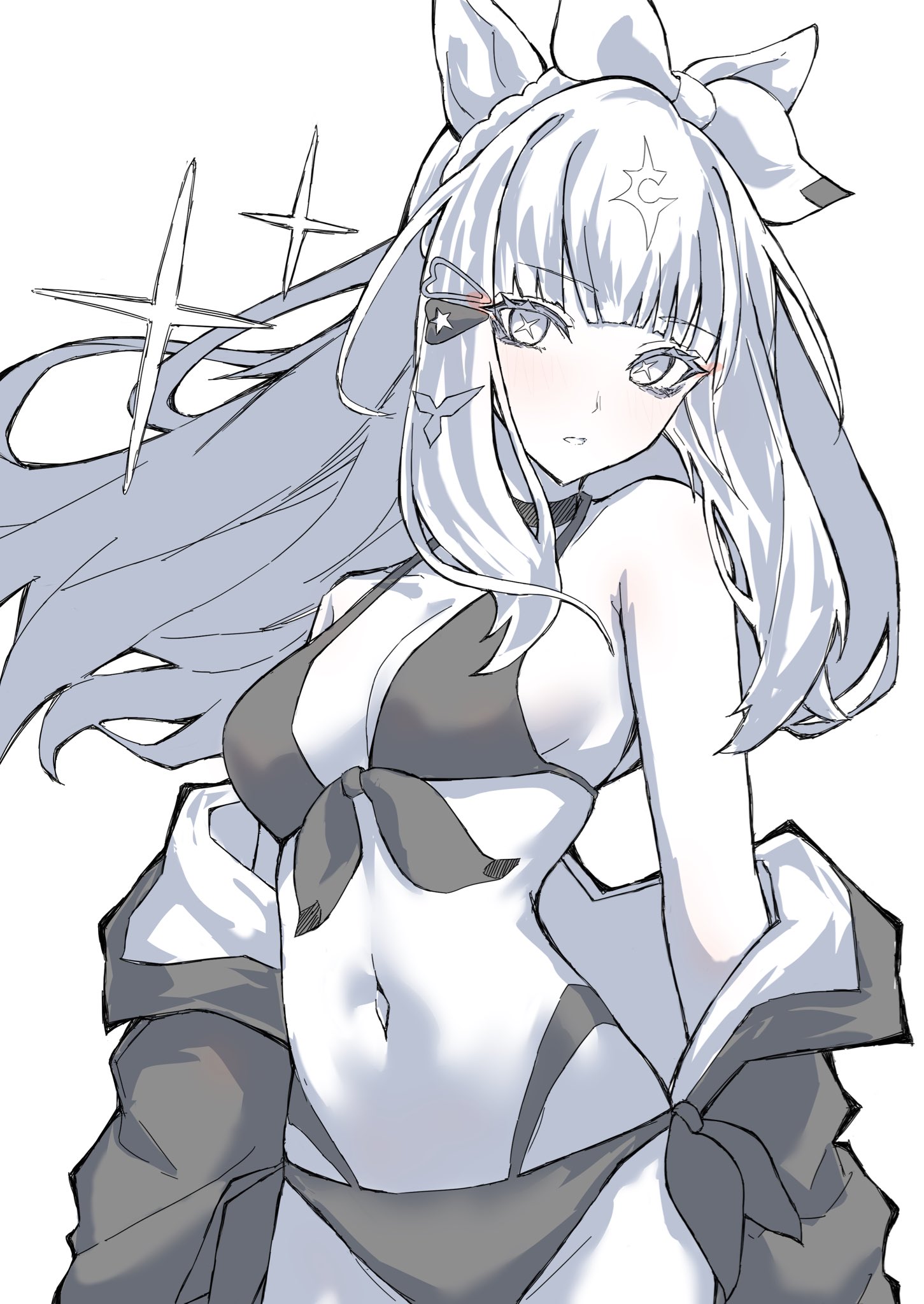 alumina (kennmeidesu), almond eye (umamusume), umamusume, commentary request, highres, 1girl, alternate costume, animal ears, bikini, blunt bangs, breasts, choker, front-tie bikini top, front-tie top, greyscale, horse ears, horse girl, jacket, jacket on shoulders, long hair, medium breasts, monochrome, multi-strapped bikini bottom, navel, sideboob, solo, stomach, swimsuit