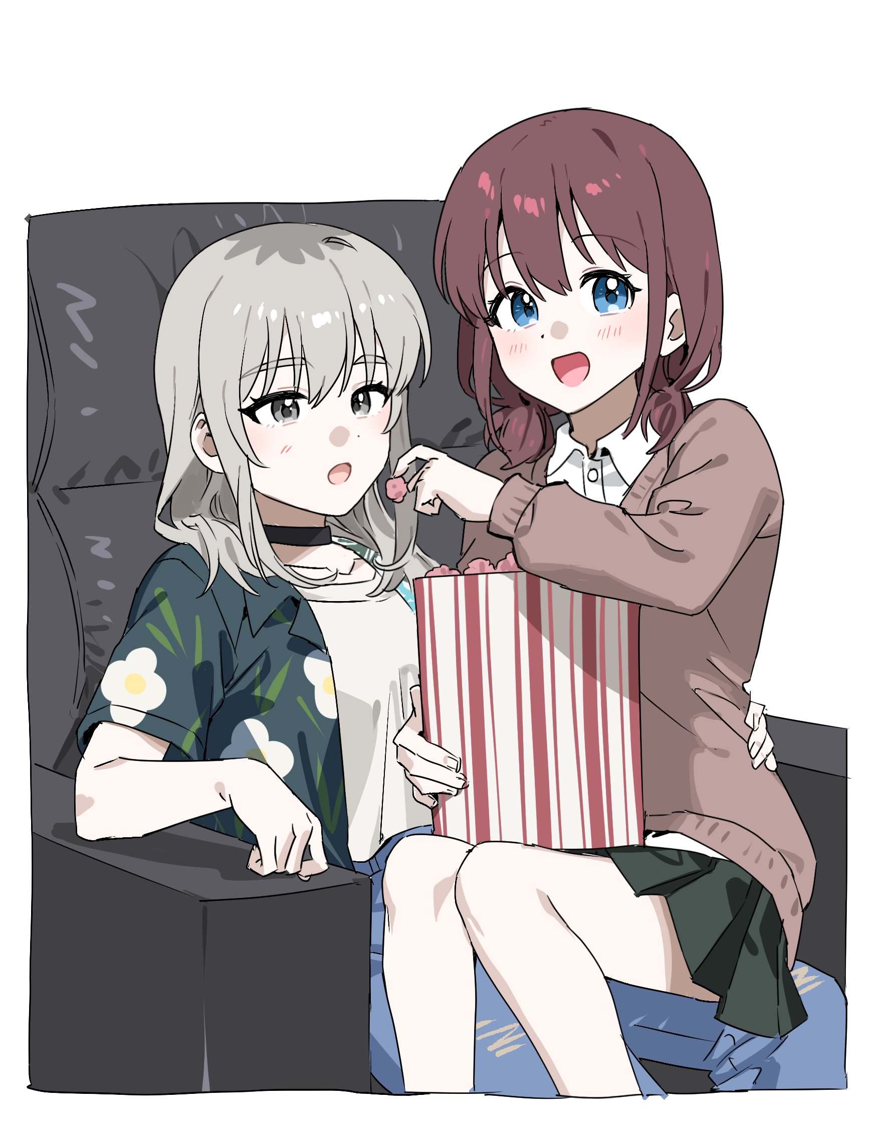 habsida (habsida hpy), iseri nina, kawaragi momoka, girls band cry, commentary request, highres, 2girls, black choker, black shirt, blue eyes, blue pants, brown sweater, choker, collared shirt, denim, feeding, food, green skirt, grey eyes, grey hair, hand on another's waist, jeans, long sleeves, multicolored hair, multiple girls, open mouth, pants, pleated skirt, popcorn, red hair, roots (hair), shirt, short twintails, sitting, sitting on lap, sitting on person, skirt, sweater, twintails, white shirt, yuri