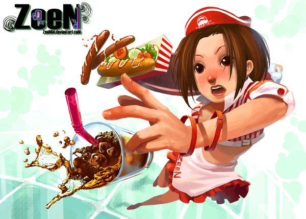 zeen84, striped, uniform, 1girl, :o, blush, bob cut, bracelet, brown hair, cup, drink, drinking glass, drinking straw, female focus, food, frills, hat, hot dog, ice, jewelry, ketchup, open mouth, pickle, red eyes, red hair, short hair, solo, spill, surprised, tomato, waitress