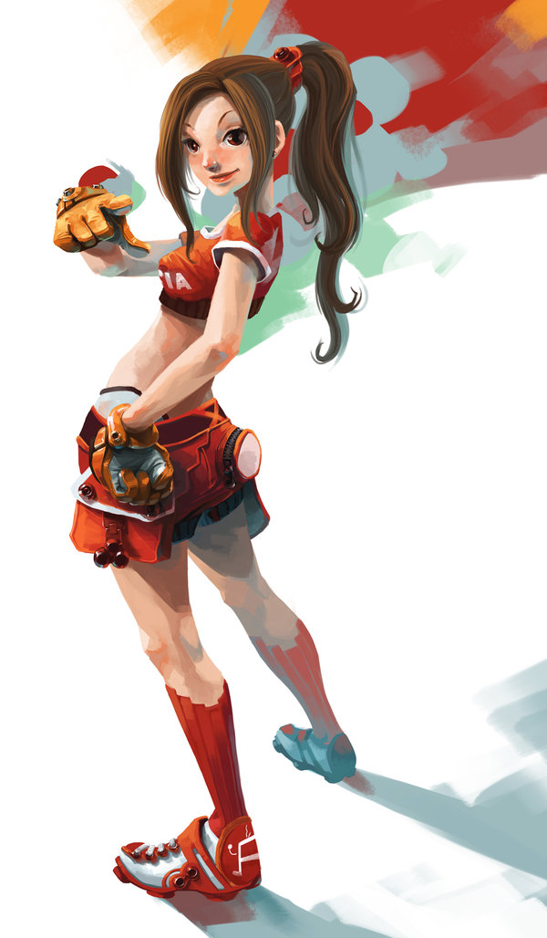 zeen84, 1girl, back, brown hair, crop top, female focus, from behind, gloves, hair ornament, hand on own hip, jewelry, kneehighs, lipstick, long hair, looking back, makeup, midriff, pointing, ponytail, red eyes, shadow, shoes, shorts, smile, sneakers, socks, solo, standing