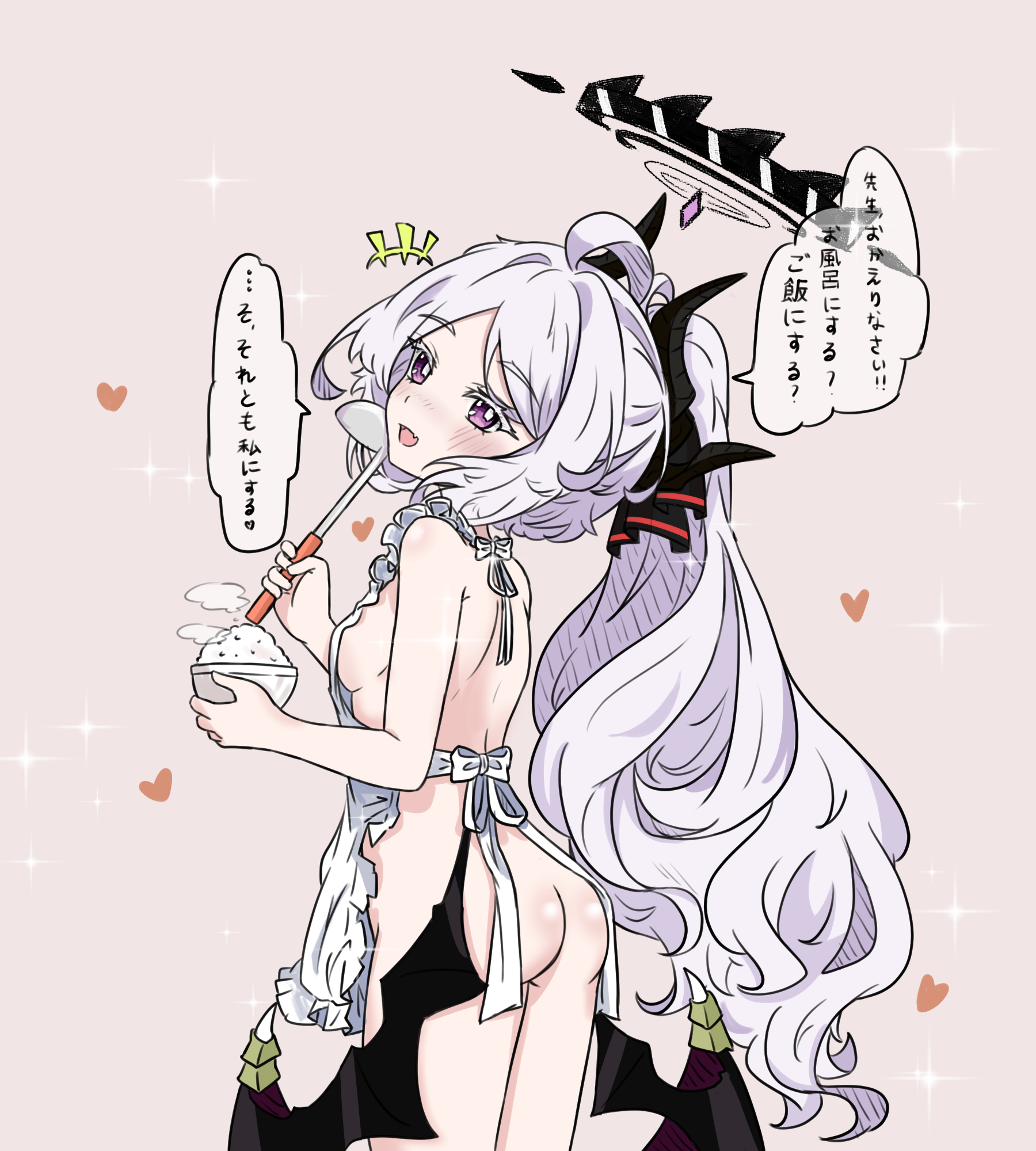 e v e neko, hina (blue archive), blue archive, commentary request, highres, translation request, 1girl, apron, ass, black halo, breasts, halo, holding, horns, ladle, long hair, low wings, naked apron, purple eyes, sideboob, small breasts, solo, speech bubble, white apron, white hair, wings
