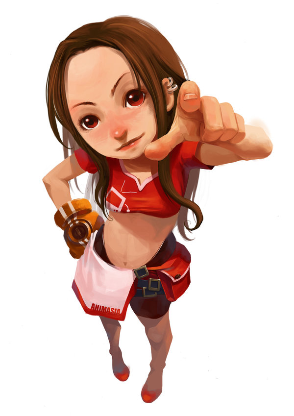zeen84, 1girl, blush, brown gloves, closed mouth, female focus, foreshortening, full body, gloves, hand on own hip, lips, looking at viewer, midriff, navel, perspective, simple background, solo, standing, stomach, white background