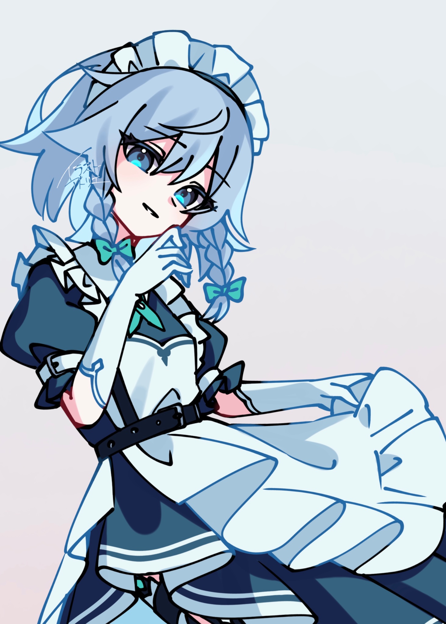 izayoi sakuya, touhou, commentary request, highres, 1girl, apron, blue dress, blue eyes, blue hair, bow, braid, braided sidelocks, dress, elbow gloves, frilled hairband, frills, from side, gloves, green bow, hair bow, hairband, illust atelier3, looking at viewer, maid, maid headdress, one-hour drawing challenge, parted lips, puffy short sleeves, puffy sleeves, short hair, short sleeves, signature, simple background, solo, white apron, white background, white gloves, white hairband