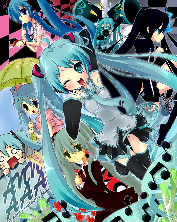 moorina, black rock shooter (character), hachune miku, hatsune miku, hatsune miku (saihate), black rock shooter, koi wa sensou (vocaloid), melt (vocaloid), saihate (vocaloid), vocaloid, world is mine (vocaloid), 10s, 6+girls, aqua eyes, aqua hair, armpits, black hair, blue eyes, blue hair, cake, chain, detached sleeves, dress, eating, food, headset, long hair, megaphone, multiple girls, necktie, one eye closed, panties, pastry, skirt, spring onion, striped clothes, striped panties, thighhighs, twintails, umbrella, underwear, very long hair, wink, zettai ryouiki