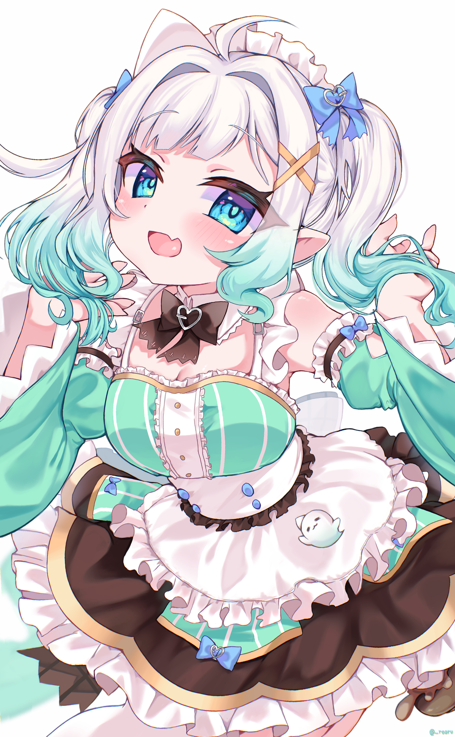 roa (roaru), mint fantome, mint fantome (minto 2.0), indie virtual youtuber, absurdres, commentary, highres, symbol-only commentary, 1girl, :d, ahoge, apron, black bow, black bowtie, blue bow, bow, bowtie, collar, detached collar, detached sleeves, dress, fang, gradient hair, green dress, green eyes, green hair, green sleeves, hair bow, hair intakes, hair ornament, looking at viewer, maid, maid headdress, medium hair, multicolored hair, open mouth, pointy ears, simple background, skin fang, sleeve garter, smile, solo, triangular headpiece, twintails, two-tone hair, virtual youtuber, white apron, white background, white collar, white hair, x hair ornament