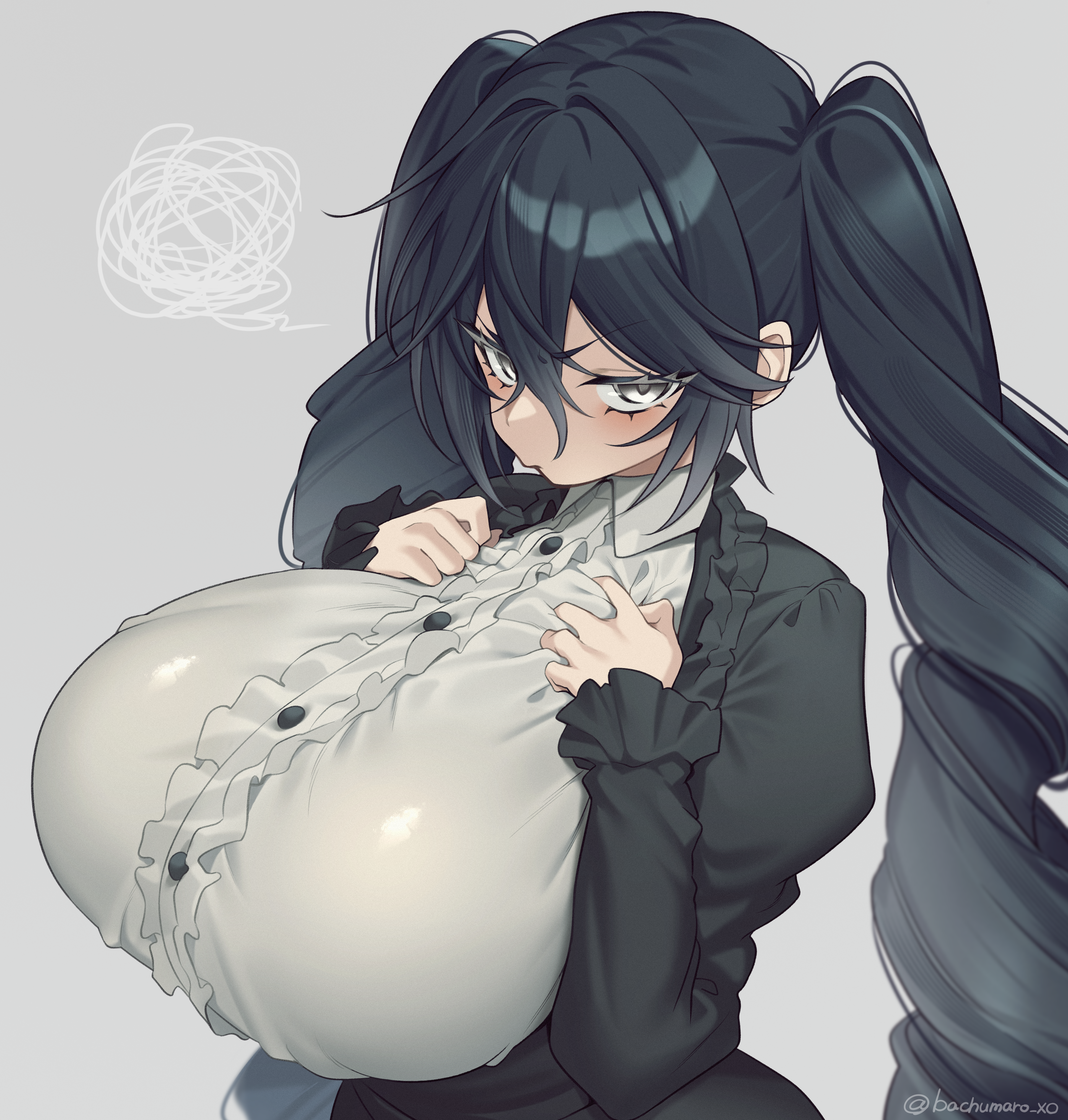 hz (666v), original, absurdres, highres, 1girl, :t, black coat, black hair, breasts, closed mouth, coat, collared shirt, frilled shirt, frills, grey eyes, huge breasts, long hair, long sleeves, looking at viewer, pout, puff of air, shirt, simple background, solo, squiggle, twintails, upper body, very long hair, white background, white shirt
