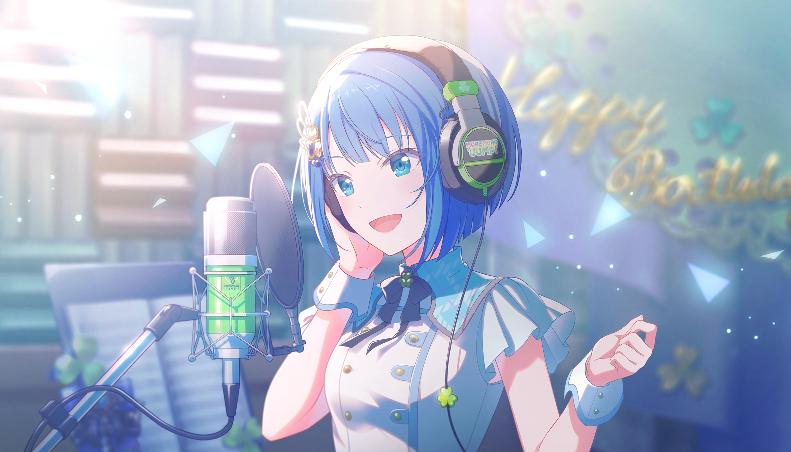 colorful palette, kiritani haruka, project sekai, game cg, highres, official art, third-party source, 1girl, :d, blue eyes, blue hair, blurry, blurry background, hair ornament, happy birthday, headphones, idol clothes, light particles, medium hair, microphone, open mouth, smile, solo, sticker, studio microphone, tongue, triangle, white wrist cuffs, wrist cuffs