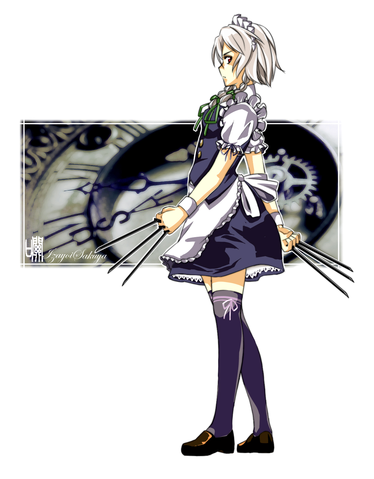 sunway, izayoi sakuya, touhou, silver hair, highres, 1girl, between fingers, female focus, hairband, holding, knife, maid, short hair, solo, thighhighs, throwing knife, weapon, zettai ryouiki