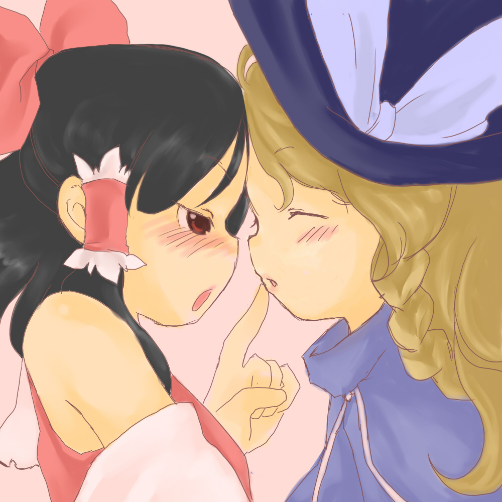 eke, hakurei reimu, kirisame marisa, subterranean animism, touhou, 2girls, blonde hair, blush, bow, braid, brown hair, detached sleeves, female focus, finger to mouth, hair bow, hair tubes, hat, multiple girls, open mouth, red eyes, smile