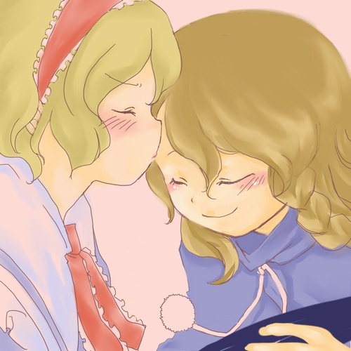 eke, alice margatroid, kirisame marisa, subterranean animism, touhou, lowres, 2girls, blonde hair, blush, bow, braid, capelet, dress, female focus, hairband, hat, kiss, long hair, multiple girls, short hair, smile, unworn headwear, witch hat, yuri