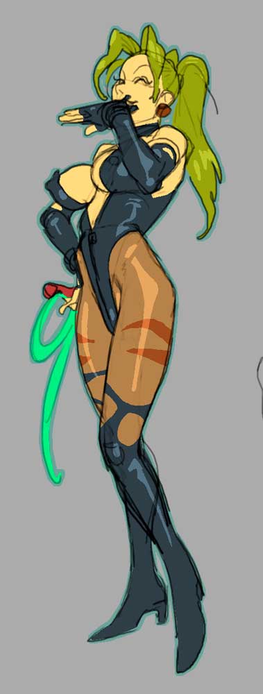 krokedrilo, sofia (toushinden), toushinden, copyright request, 1girl, boots, breasts, closed eyes, earrings, elbow gloves, gloves, green hair, high heels, highleg, jewelry, large breasts, leotard, long hair, pantyhose, sketch, solo, thigh boots, thighhighs, torn clothes