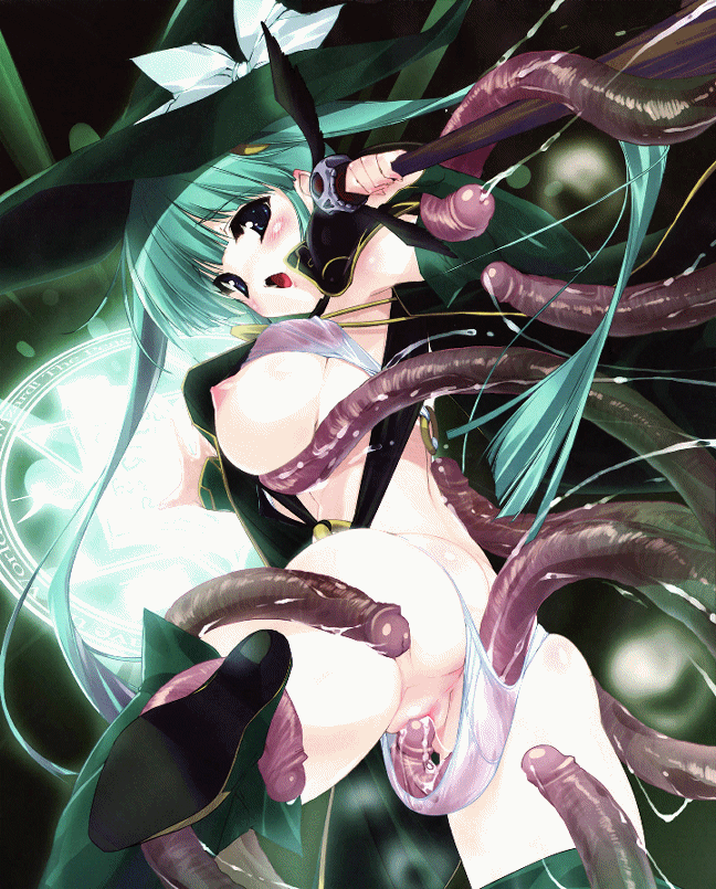 urotan, animated, animated gif, 1girl, blush, breasts, green eyes, green hair, hat, large breasts, long hair, solo focus, tentacle sex, tentacles, tentacles under clothes, twintails, uncensored, vaginal, witch, witch hat