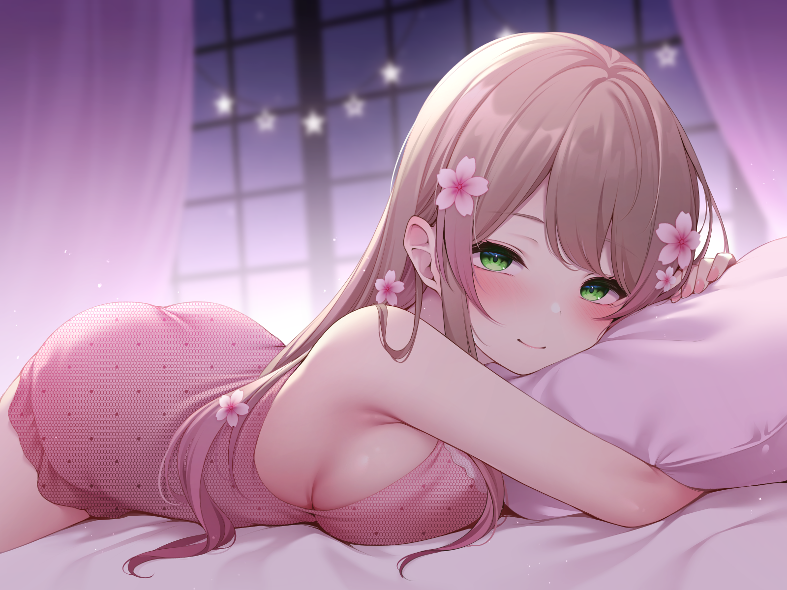 toyosaki shu, original, highres, 1girl, bare arms, bed, bed sheet, blurry, blurry background, blush, breast press, breasts, brown hair, closed mouth, curtains, flower, gradient hair, green eyes, hair flower, hair ornament, indoors, large breasts, long hair, looking at viewer, lying, multicolored hair, nightgown, on bed, on stomach, pillow, pink flower, pink hair, pink nightgown, sidelocks, smile, solo, string lights, two-tone hair, window