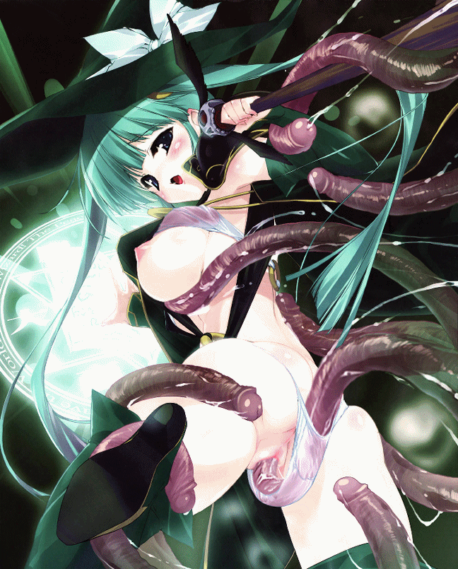 urotan, animated, animated gif, 1girl, blush, breasts, green eyes, green hair, hat, large breasts, long hair, solo focus, tentacle sex, tentacles, tentacles under clothes, twintails, uncensored, vaginal, witch, witch hat