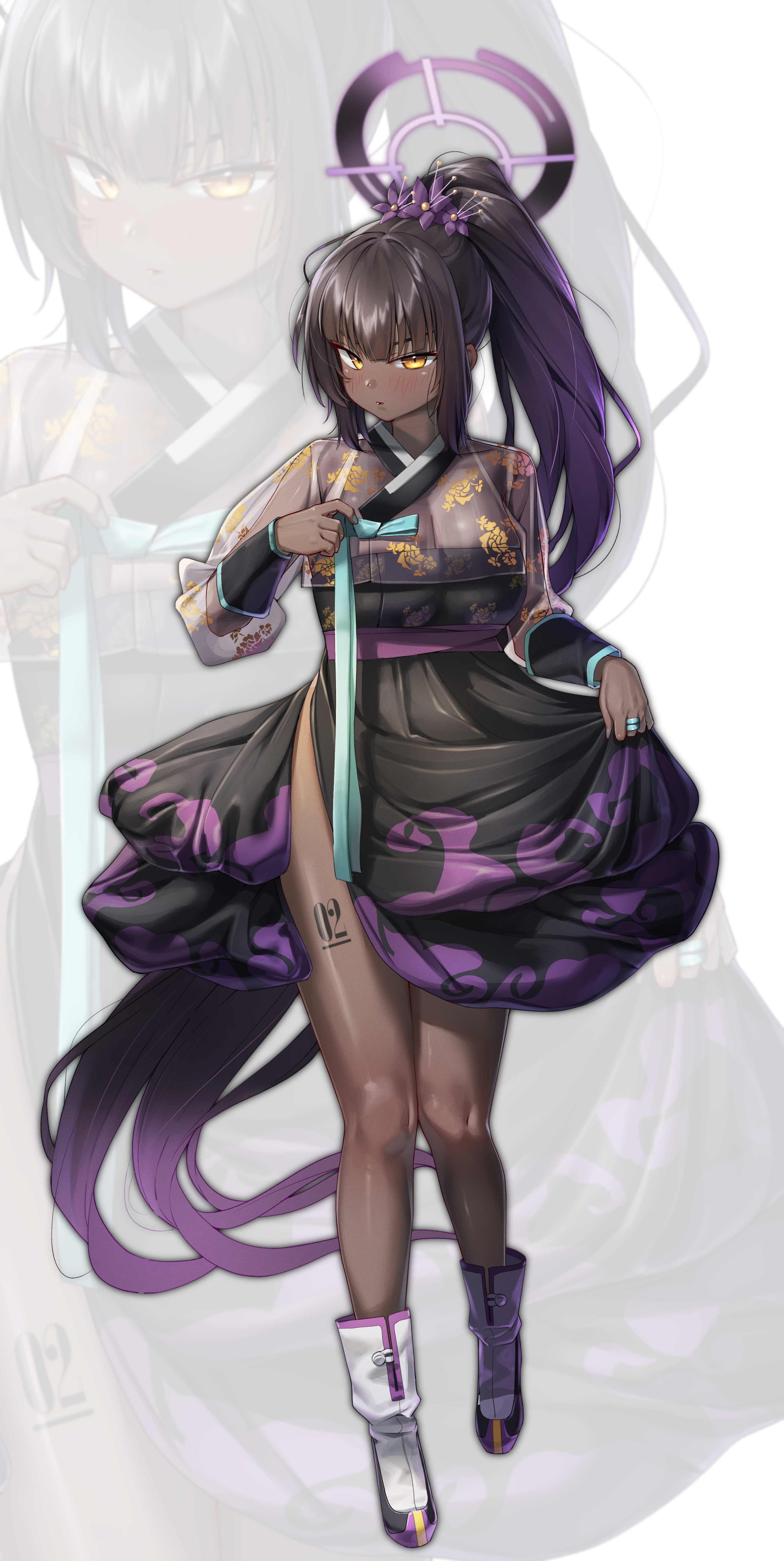 walking nakta, karin (blue archive), blue archive, absurdres, commentary, highres, 1girl, alternate costume, bare legs, black hair, black skirt, breasts, cleavage, dark-skinned female, dark skin, full body, gradient hair, halo, hanbok, korean clothes, large breasts, leg tattoo, long hair, looking at viewer, multicolored hair, number tattoo, ponytail, purple hair, see-through clothes, see-through shirt, shirt, skirt, tattoo, very long hair, zoom layer