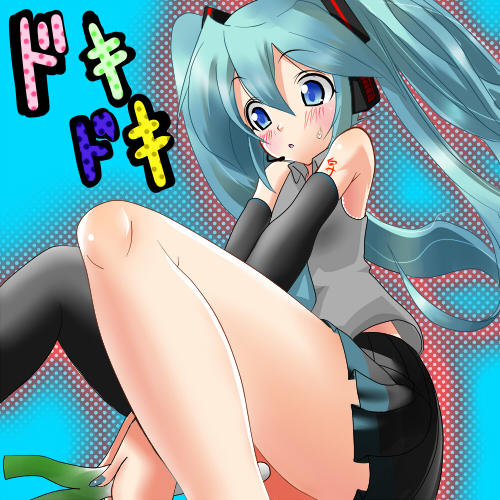yuu bi, yuubi, hatsune miku, vocaloid, bad id, bad pixiv id, lowres, 1girl, aqua hair, asymmetrical clothes, blue eyes, blush, detached sleeves, female focus, headset, long hair, necktie, single thighhigh, skirt, solo, spring onion, thighhighs, twintails
