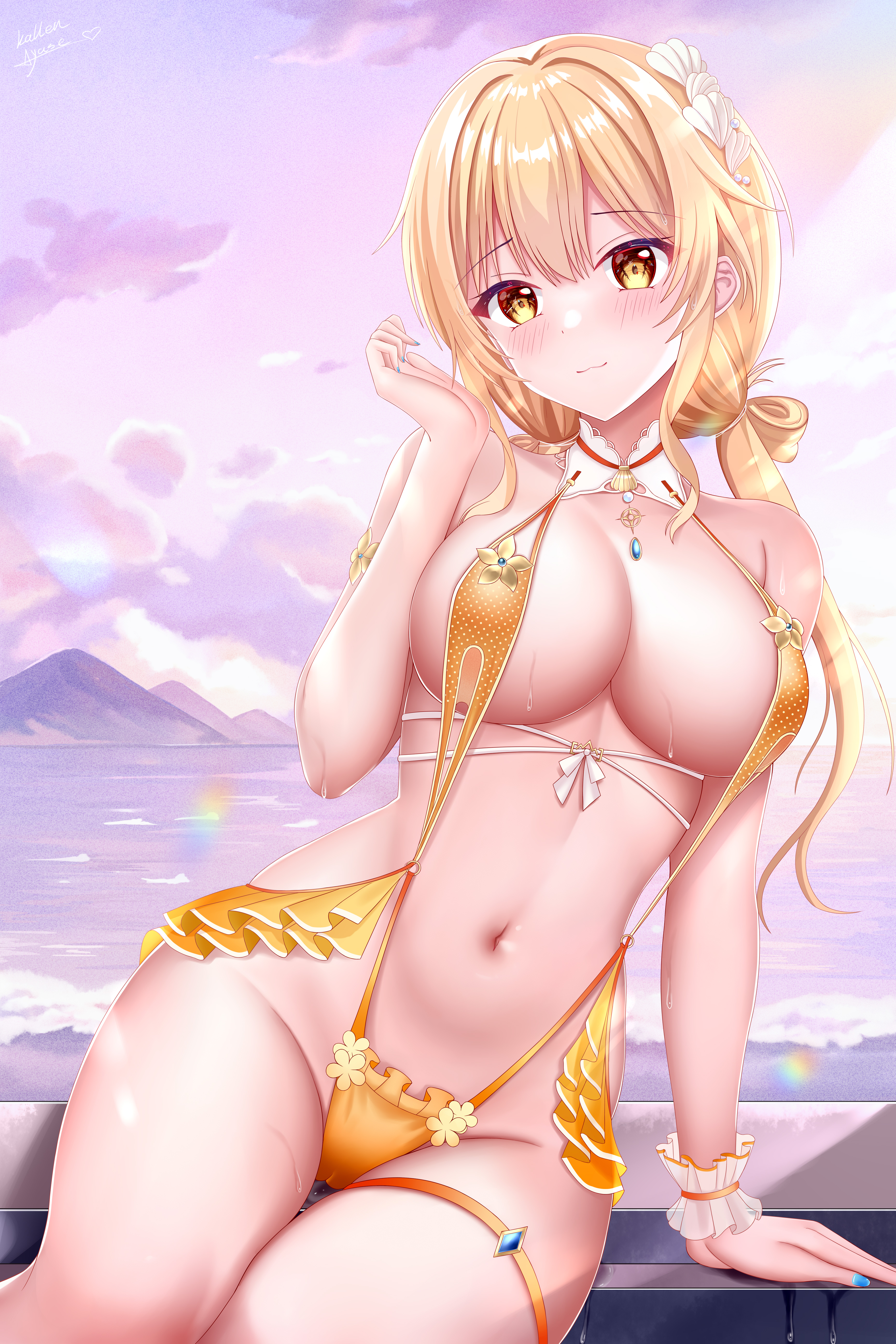 kallen ayase, fenny golden, snowbreak: containment zone, absurdres, highres, 1girl, :3, areola slip, arm support, bikini, blonde hair, blue nails, blush, breasts, cleavage, cloud, hair between eyes, hair ornament, long hair, medium breasts, morning, mountainous horizon, navel, ocean, orange slingshot swimsuit, outdoors, purple sky, shell, shell hair ornament, sidelocks, sitting, sky, slingshot swimsuit, solo, swimsuit, thigh strap, thighs, yellow eyes