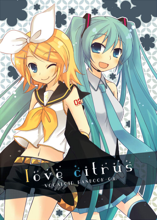 tamura hiro, hatsune miku, kagamine rin, vocaloid, bad id, bad pixiv id, 2girls, aqua hair, blonde hair, blue eyes, detached sleeves, headset, long hair, midriff, multiple girls, necktie, short hair, skirt, thighhighs, twintails, wink