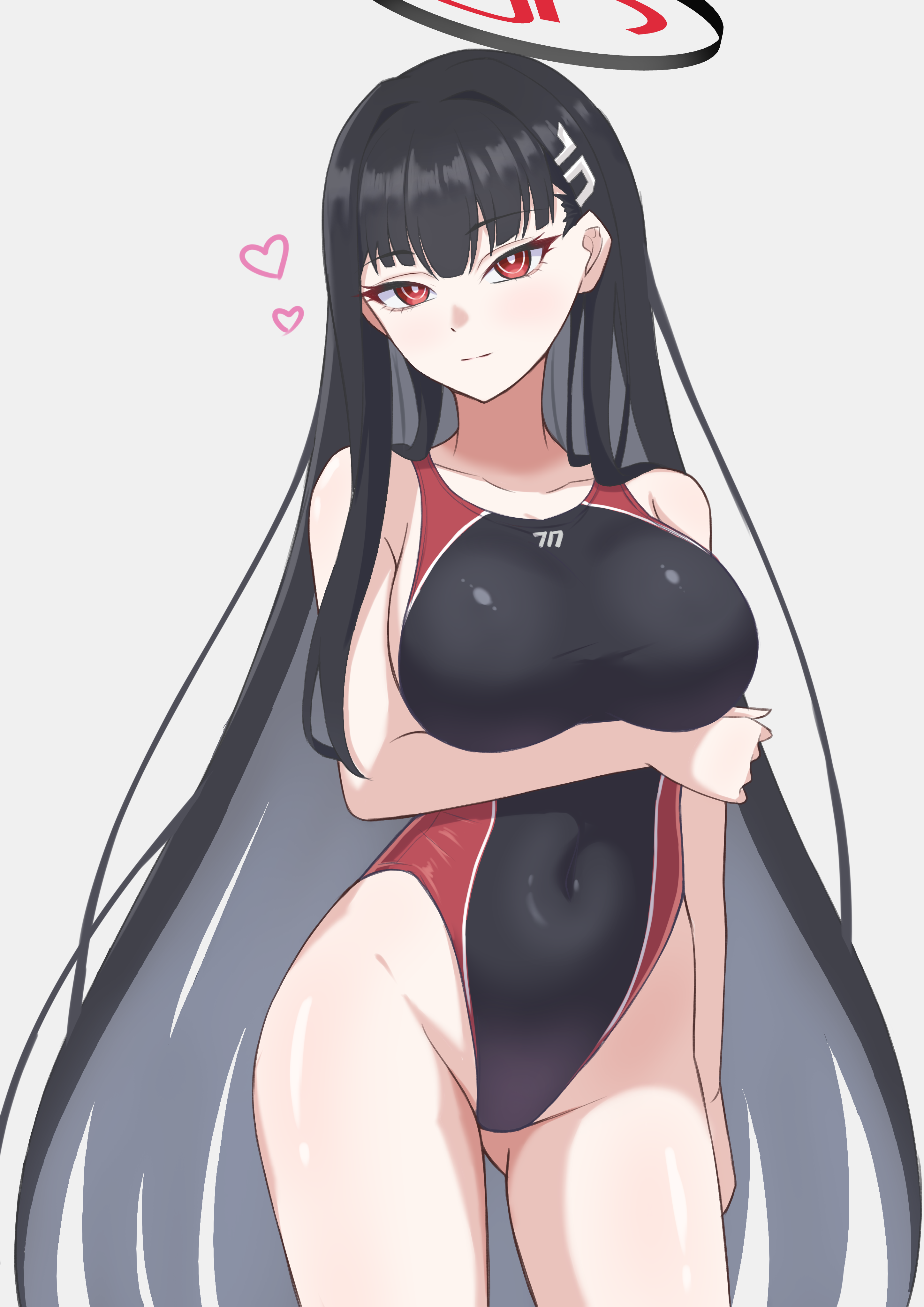 minaduki0707, rio (blue archive), blue archive, absurdres, highres, 1girl, alternate costume, arm under breasts, black hair, black halo, black one-piece swimsuit, breasts, bright pupils, competition swimsuit, covered navel, cowboy shot, grey background, halo, highleg, highleg one-piece swimsuit, large breasts, long hair, multicolored halo, one-piece swimsuit, red eyes, solo, swimsuit, two-tone halo, two-tone swimsuit, very long hair, white pupils