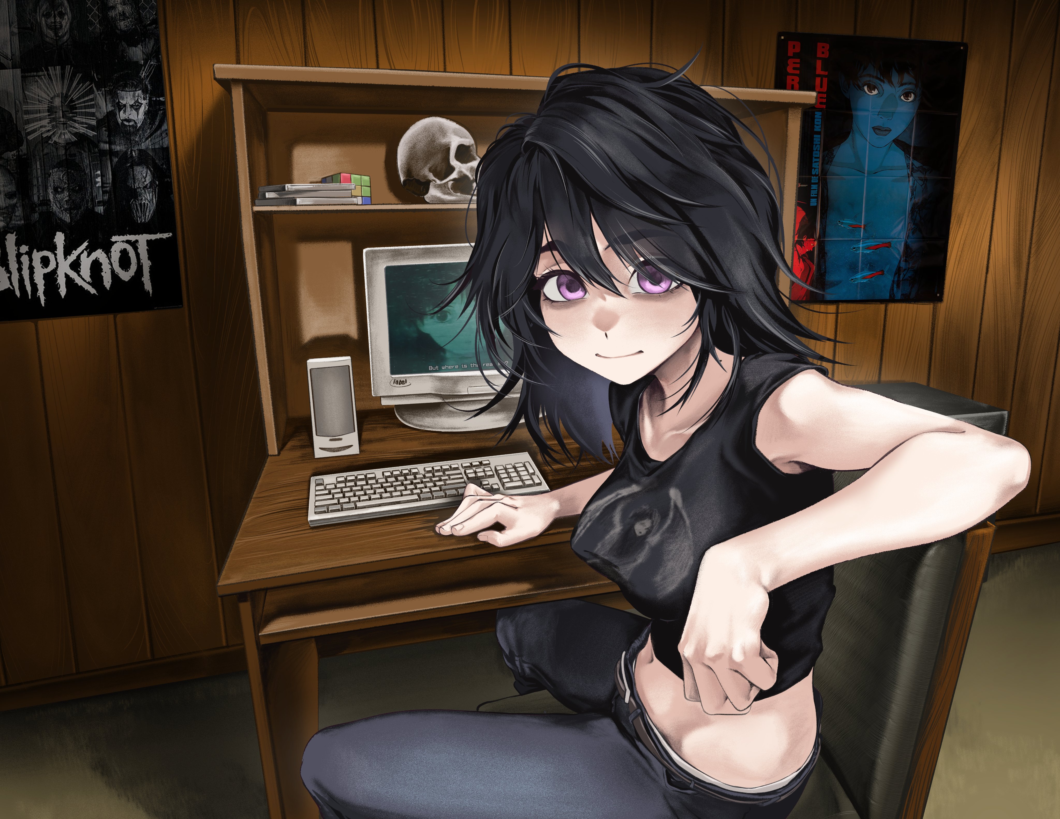 chtv, iwakura lain, original, perfect blue, serial experiments lain, slipknot, absurdres, commentary, highres, 1girl, belt, black hair, black pants, black shirt, book, breasts, chair, closed mouth, collarbone, computer, computer keyboard, cropped shirt, desk, hair between eyes, indoors, instrument, keyboard (instrument), keyboard tray, light smile, long hair, looking at viewer, messy hair, midriff, monitor, navel, pants, poster (object), print shirt, purple eyes, rubik's cube, shelf, shirt, sitting, skull, sleeveless, sleeveless shirt, solo, speaker, t-shirt, wooden wall
