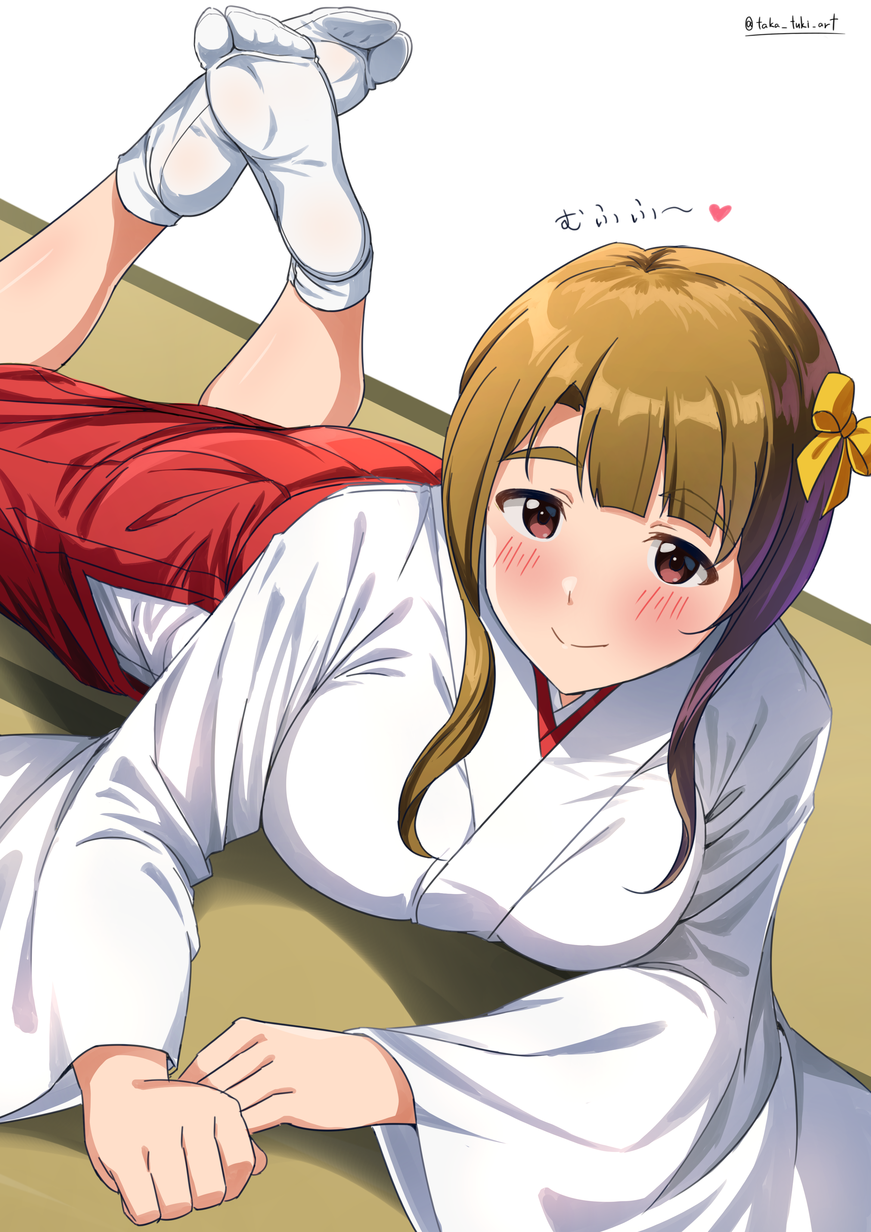 takatsuki p, miyao miya, idolmaster, idolmaster million live!, absurdres, commentary request, highres, 1girl, blunt bangs, blush, brown hair, feet up, hakama, hakama skirt, japanese clothes, looking at viewer, lying, miko, on floor, on stomach, red hakama, skirt, smile, socks, solo, tabi, tatami, twitter username, white socks