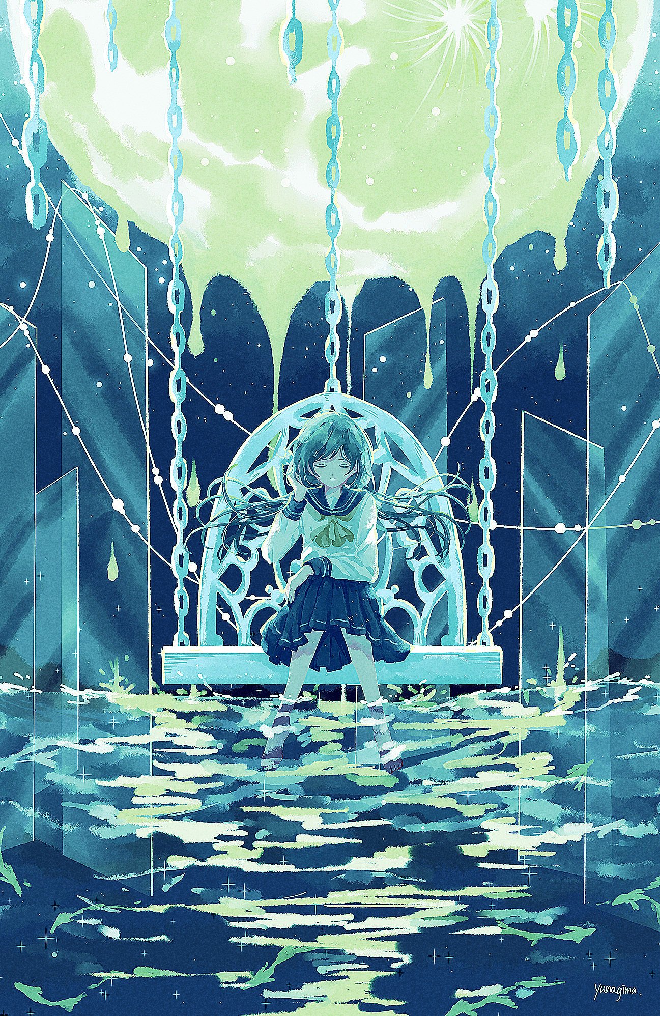 yanagima yu03, original, highres, chain, closed eyes, closed mouth, long sleeves, melting, moon, school uniform, wading, water