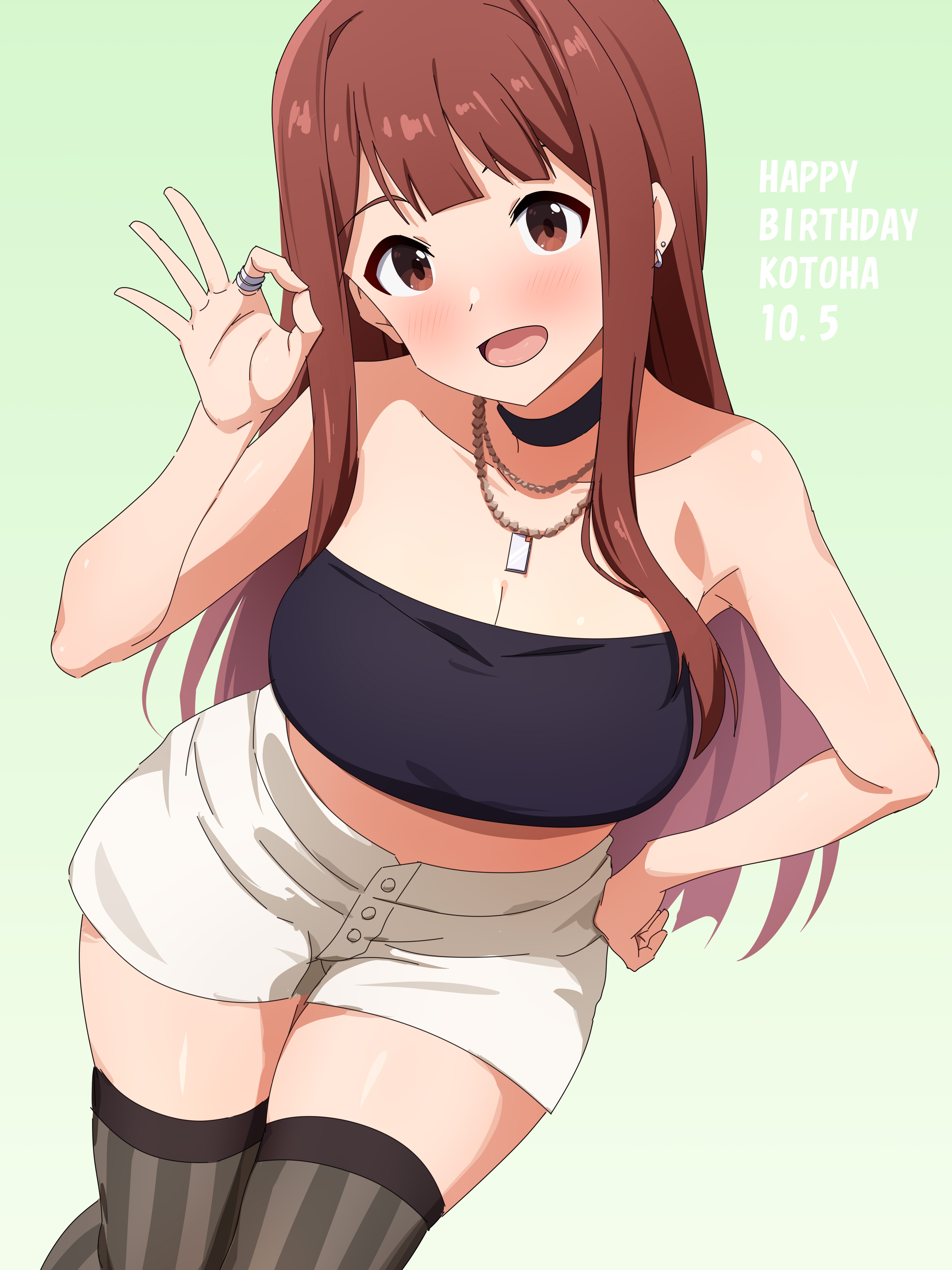 mei ichi, tanaka kotoha, idolmaster, idolmaster million live!, idolmaster million live! theater days, absurdres, commentary request, highres, 1girl, bare arms, black choker, black thighhighs, black tube top, blush, breasts, brown eyes, brown hair, choker, cleavage, collarbone, dated, green background, hand on own hip, happy birthday, jewelry, long hair, looking at viewer, medium breasts, necklace, ok sign, open mouth, sidelocks, simple background, skirt, smile, solo, standing, strapless, thighhighs, tube top, white skirt