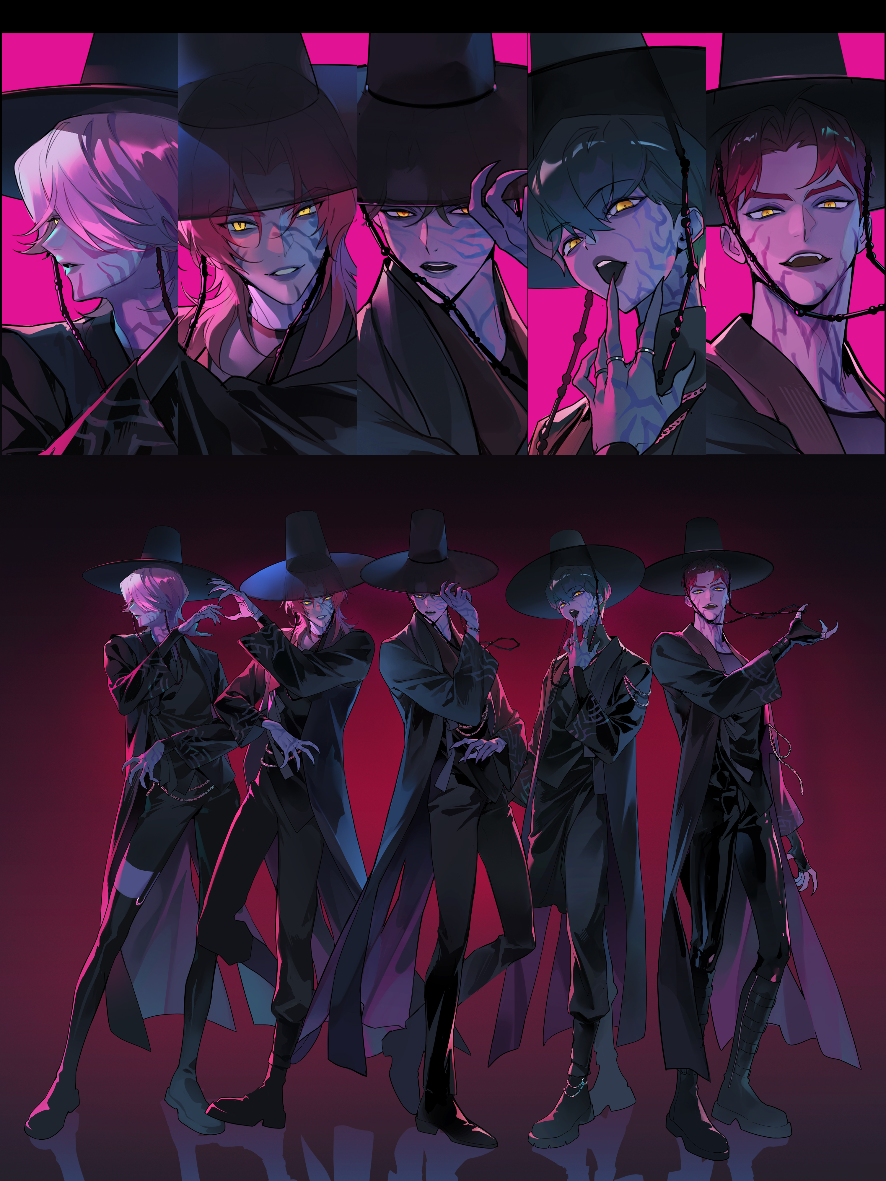 masa ashe, abby (kpop demon hunters), baby (kpop demon hunters), jinu (kpop demon hunters), mystery (kpop demon hunters), romance (kpop demon hunters), kpop demon hunters, absurdres, commentary, highres, 5boys, black hanbok, body markings, demon, fangs, fingernails, full body, gat (hat), hair between eyes, hair over one eye, hanbok, hat, jewelry, korean clothes, long fingernails, looking at viewer, male focus, medium hair, multiple boys, multiple views, open mouth, pink hair, purple hair, ring, short hair, yellow eyes