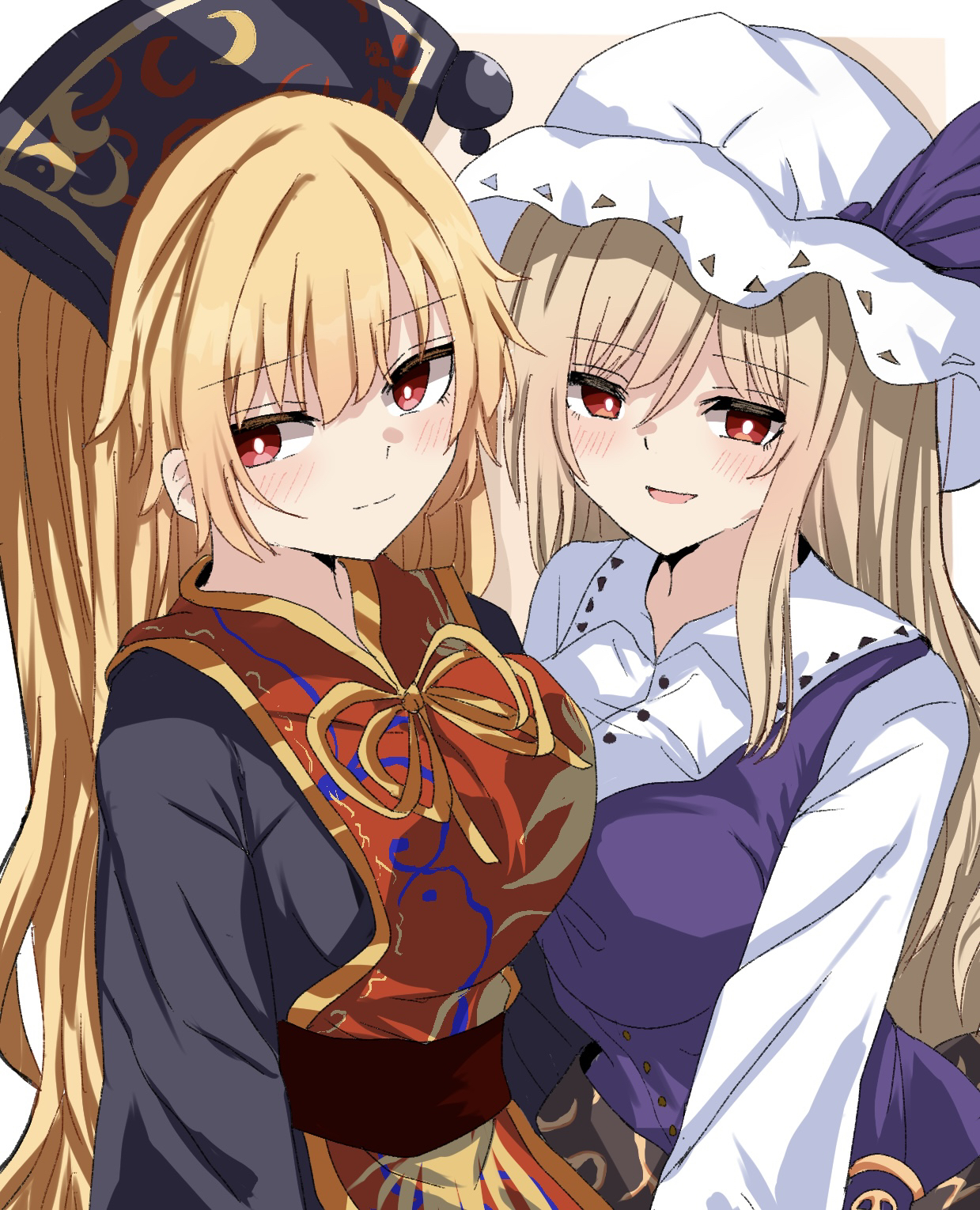 amakaze16, junko (touhou), watatsuki no toyohime, touhou, commentary request, highres, partial commentary, 2girls, black dress, blonde hair, breasts, dalachi (headdress), dress, hat, long hair, looking at viewer, mob cap, multiple girls, open mouth, purple dress, red eyes, red tabard, tabard, white hat