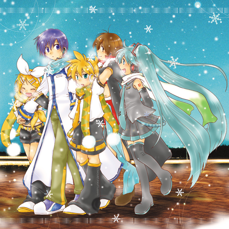 shuu reika, hatsune miku, kagamine len, kagamine rin, kaito (vocaloid), meiko (vocaloid), vocaloid, bad id, bad pixiv id, 2boys, 3girls, aqua eyes, aqua hair, blonde hair, blue eyes, blue hair, brown eyes, brown hair, detached sleeves, headset, long hair, multiple boys, multiple girls, necktie, scarf, short hair, skirt, snow, snowflakes, thighhighs, twintails, very long hair