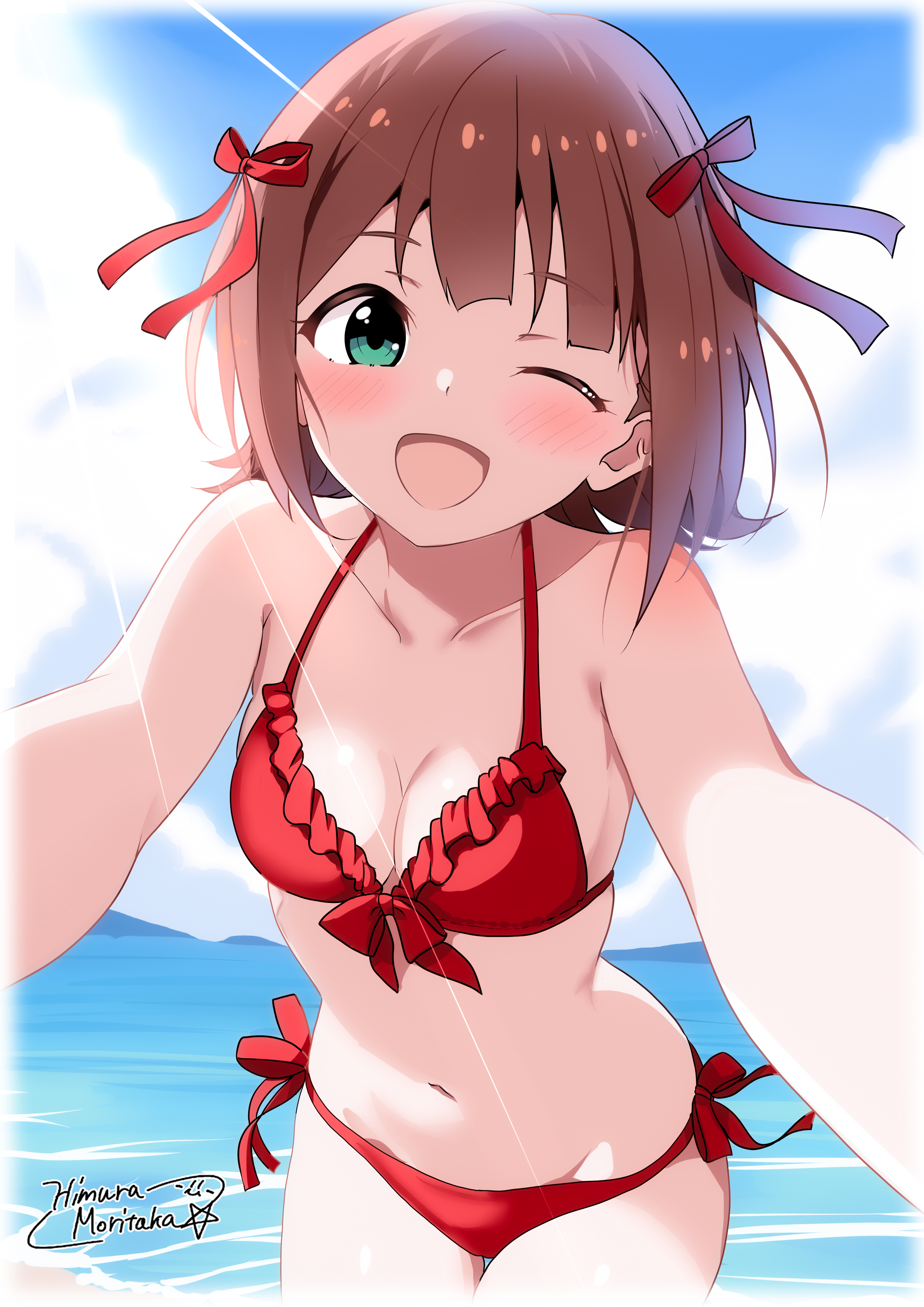 himura moritaka, amami haruka, idolmaster, idolmaster (classic), absurdres, commission, highres, pixiv commission, 1girl, ;d, aqua eyes, bare arms, bikini, blue sky, blush, breasts, brown hair, cleavage, cloud, collarbone, day, frilled bikini, frills, looking at viewer, medium hair, navel, ocean, one eye closed, open mouth, outdoors, outstretched arms, pov, red bikini, signature, sky, small breasts, smile, solo, standing, sunlight, swimsuit