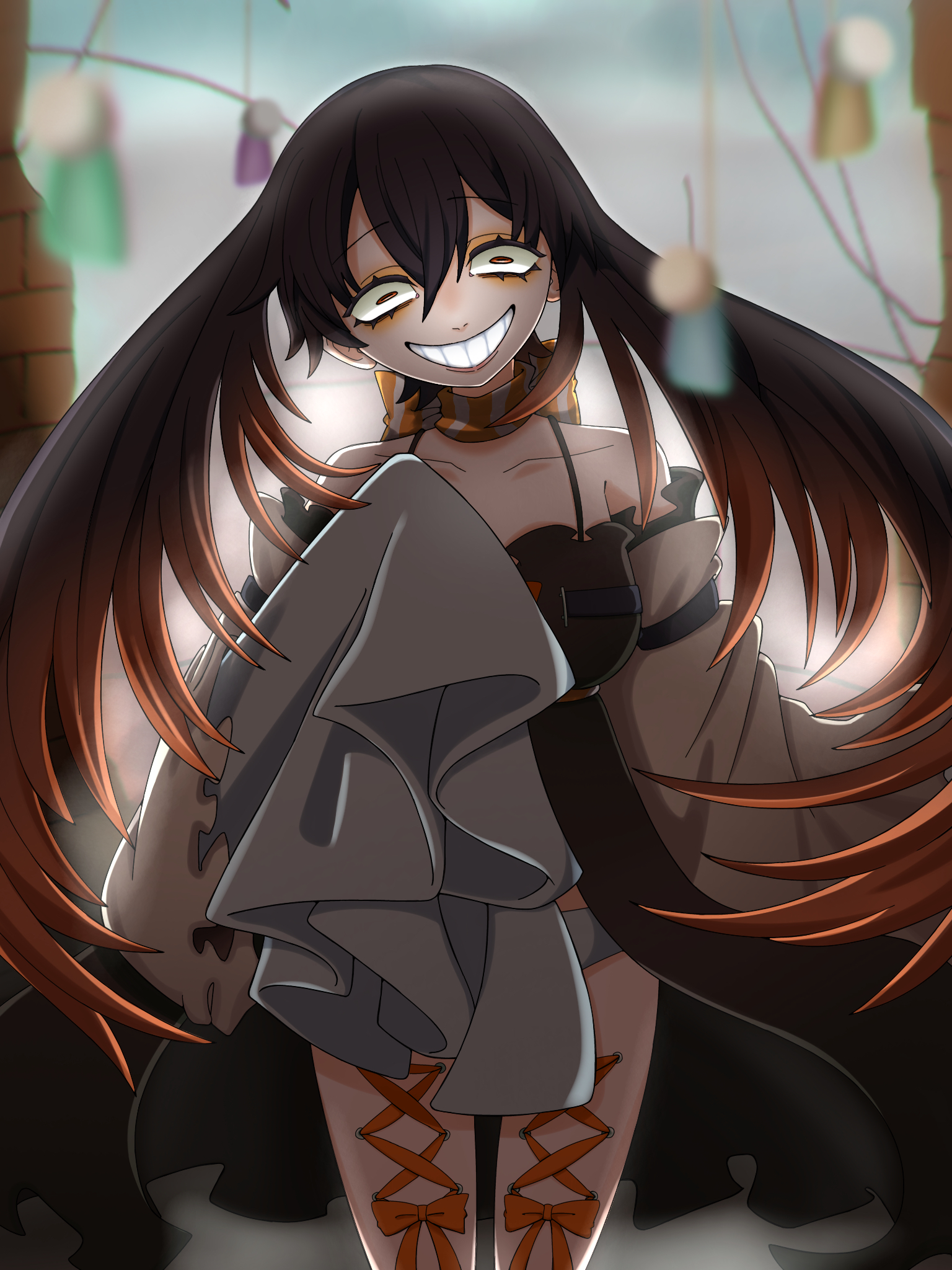 amo empool, gachiakuta, commentary, highres, 1girl, bare shoulders, black dress, brown hair, crazy smile, dress, grin, hair between eyes, long hair, looking at viewer, multicolored hair, orange eyes, orange hair, sio ahojanai, smile, solo, teeth, two-tone hair