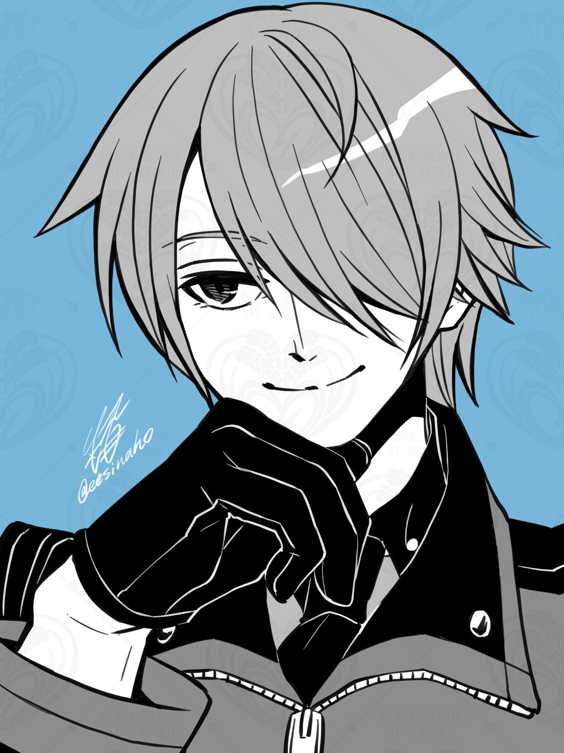 inaho (sesyrne), kingdom hearts, commentary request, highres, 1boy, closed mouth, gloves, greyscale with colored background, hair over one eye, head rest, kingdom hearts missing-link, long sleeves, male focus, necktie, nept (kingdom hearts), one eye covered, short hair, signature, smile, solo, twitter username, upper body