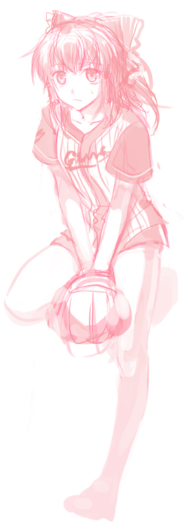 irua, hakurei reimu, touhou, 1girl, alternate costume, baseball glove, contemporary, female focus, monochrome, pink theme, sketch, solo