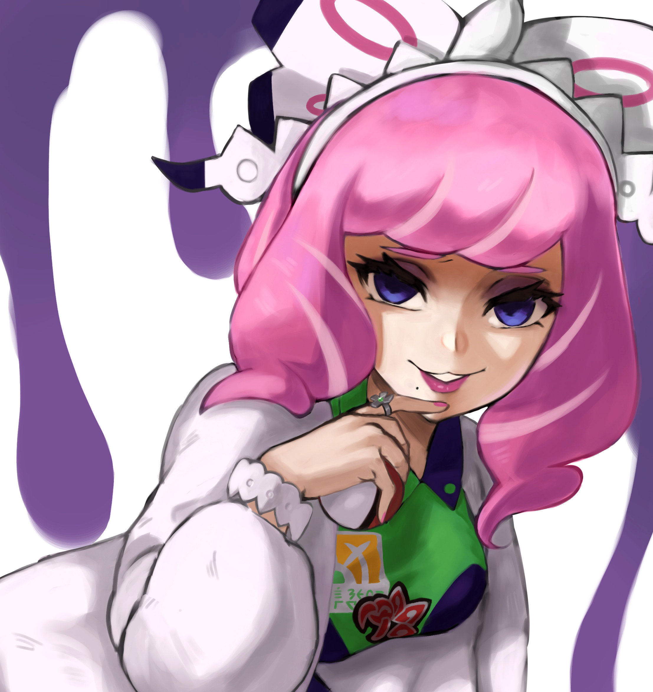 nimbaasu, klara (pokemon), nintendo, pokemon, pokemon swsh, highres, 1girl, bow, bracelet, breasts, collared shirt, drill hair, drill sidelocks, eyeshadow, flipped hair, fur jacket, hair bow, hairband, jacket, jewelry, makeup, medium breasts, mole, mole under mouth, pink eyeshadow, pink hair, pink lips, print shirt, purple eyes, ring, shirt, short hair, sidelocks, smile, solo, twin drills, two-tone shirt, upper body, white bow, white hairband