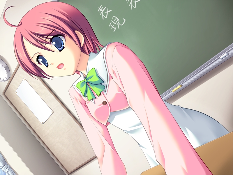 takoyaki (roast), mikagami kyouka, backstage (tjr), game cg, non-web source, 1girl, ahoge, backstage, blue eyes, bow, chalkboard, classroom, dutch angle, female focus, indoors, pink hair, school, school uniform, short hair, solo