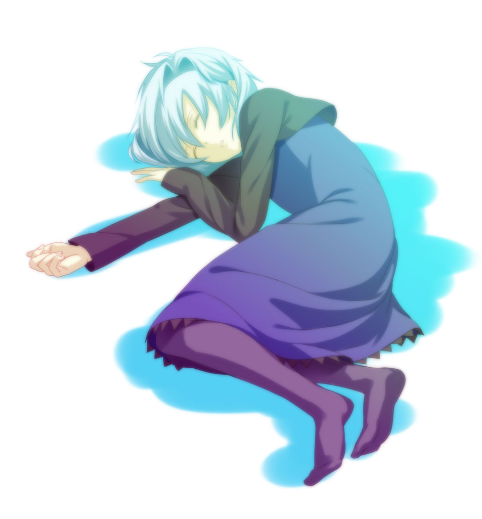 choko (cho-co), goma, yin (darker than black), darker than black, 00s, 1girl, closed eyes, dress, female focus, lying, pantyhose, purple dress, sleeping, solo, white hair