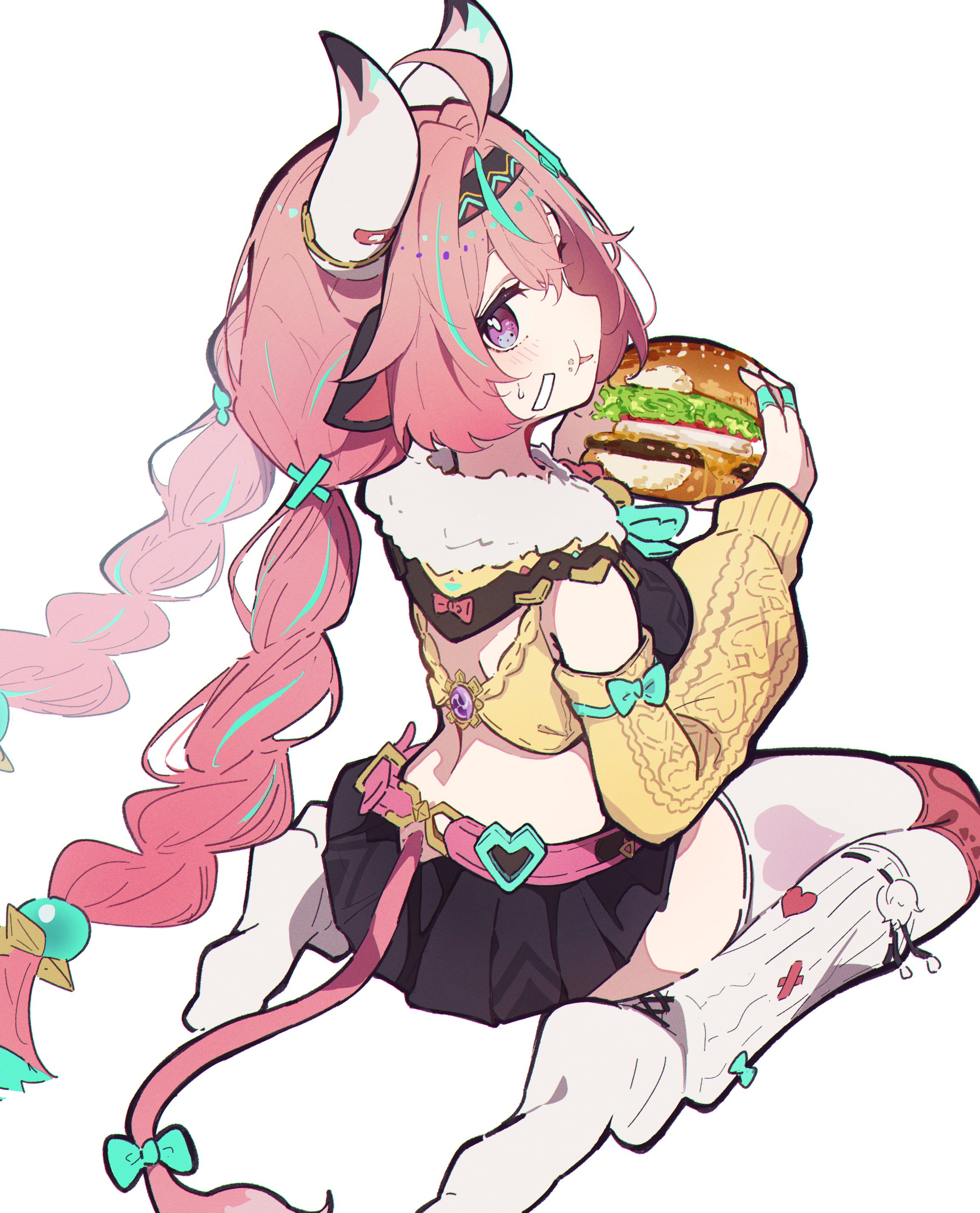 aitekku, varesa (genshin impact), genshin impact, absurdres, highres, 1girl, animal ears, braid, burger, cow ears, cow horns, cow tail, detached sleeves, eating, food, food on face, from behind, horns, long hair, miniskirt, no shoes, pink hair, purple eyes, sitting, skirt, socks, tail, twin braids, vision (genshin impact), wariza, white background, white socks