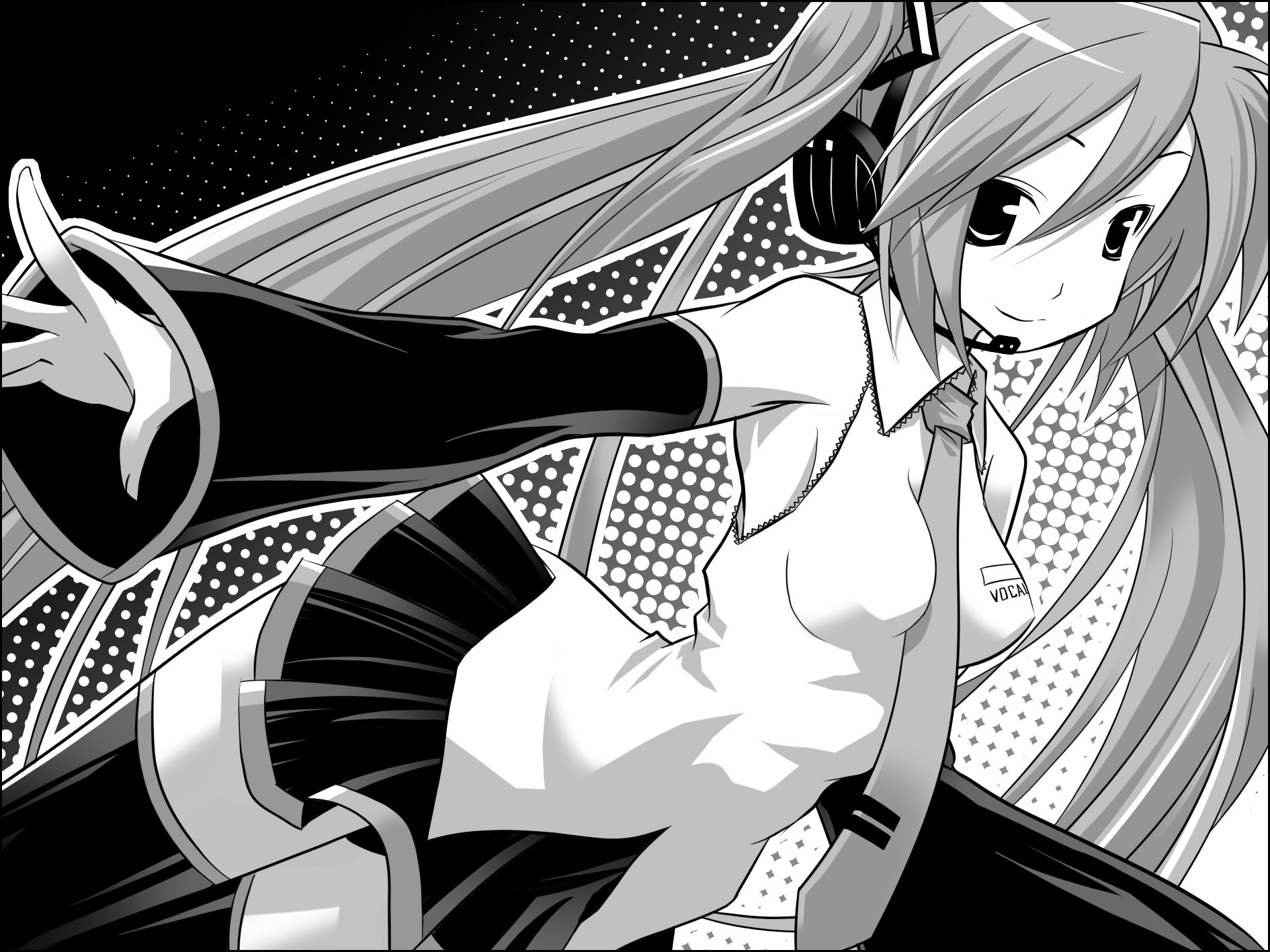 hermmy, hatsune miku, vocaloid, highres, detached sleeves, foreshortening, greyscale, headset, long hair, monochrome, necktie, skirt, solo, thighhighs, twintails