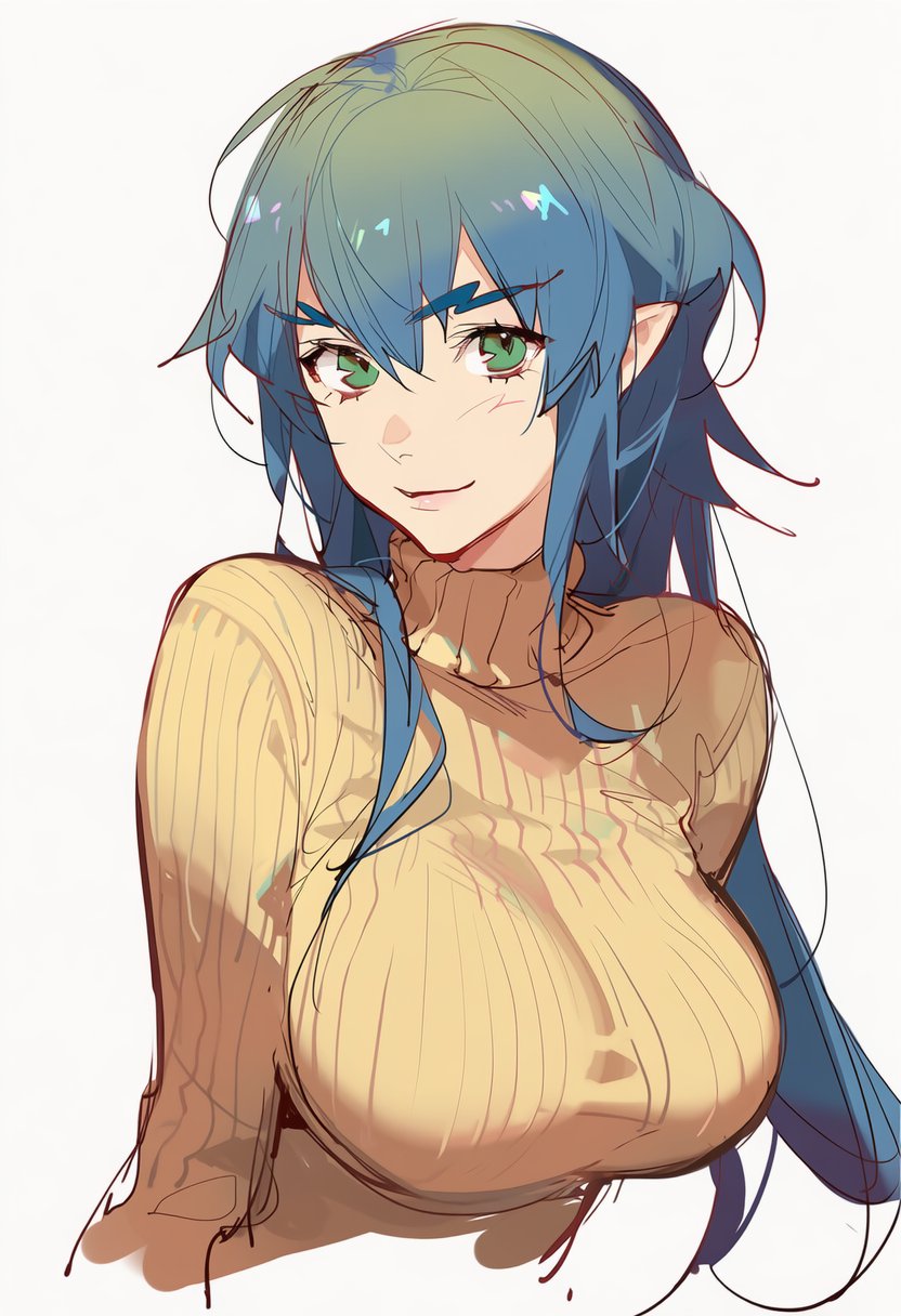 kisaragi shokuin, klan klein, macross, macross frontier, highres, 1girl, alternate costume, blue hair, breasts, brown sweater, closed mouth, cropped torso, green eyes, hair down, large breasts, long hair, long sleeves, looking at viewer, pointy ears, ribbed sweater, simple background, smile, solo, sweater, thick eyebrows, turtleneck, turtleneck sweater, white background
