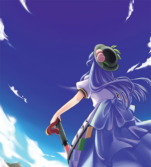mikagami hiyori, hinanawi tenshi, touhou, 1girl, back, blue hair, cloud, day, female focus, food, from behind, fruit, hands on hilt, hat, leaf, long hair, outdoors, peach, sky, solo, standing, sword, sword of hisou, weapon