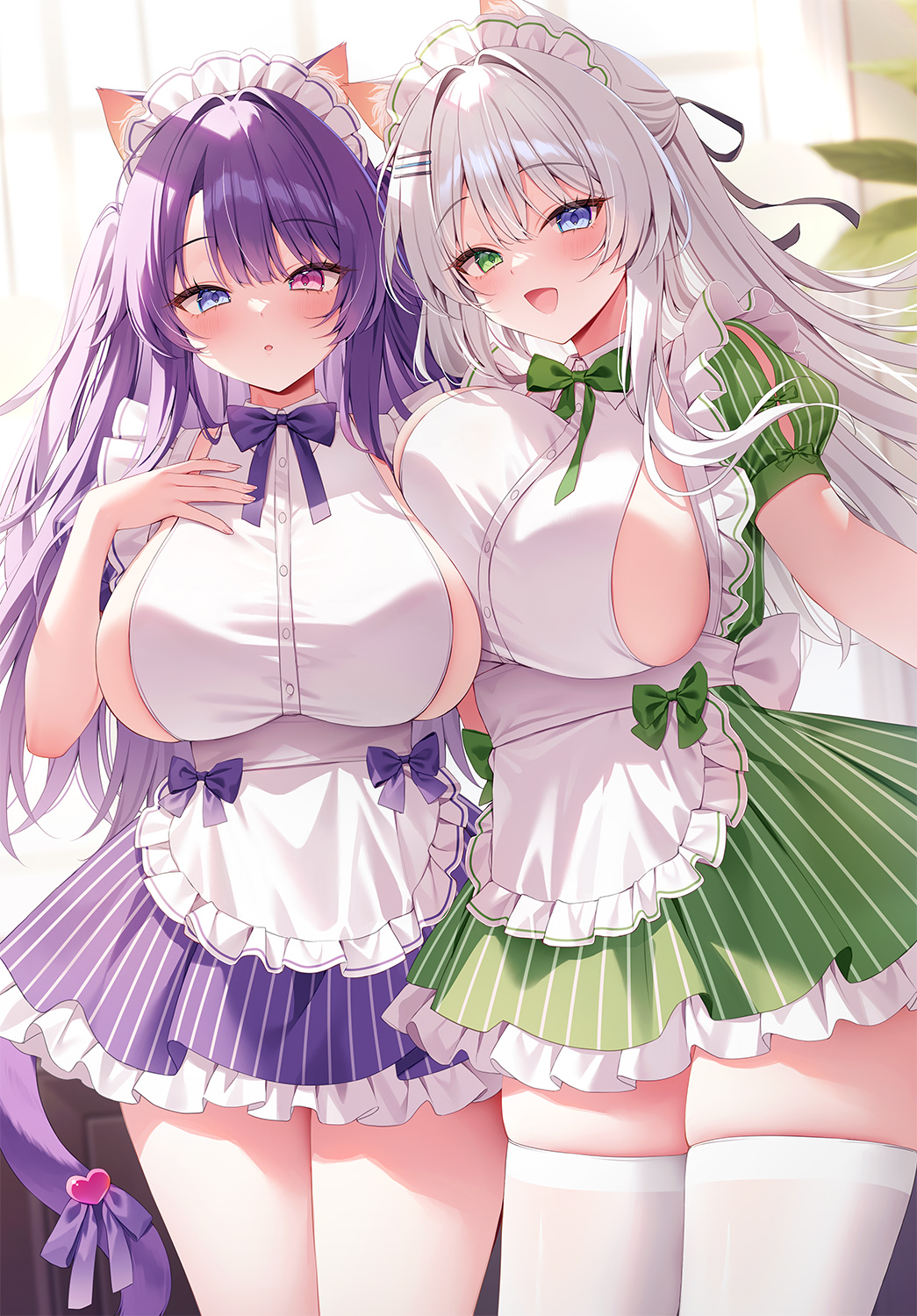 yatanukikey, original, commentary request, highres, 2girls, :d, :o, animal ears, apron, blue eyes, blush, breast press, breasts, cat ears, cat girl, cat tail, dress, green dress, green eyes, grey hair, hair between eyes, hair ornament, hair ribbon, hairclip, heterochromia, indoors, large breasts, long hair, looking at viewer, maid, maid apron, multiple girls, open mouth, purple dress, purple eyes, purple hair, ribbon, short sleeves, sidelocks, smile, standing, striped clothes, tail, thighhighs, vertical-striped clothes, very long hair, white thighhighs, window