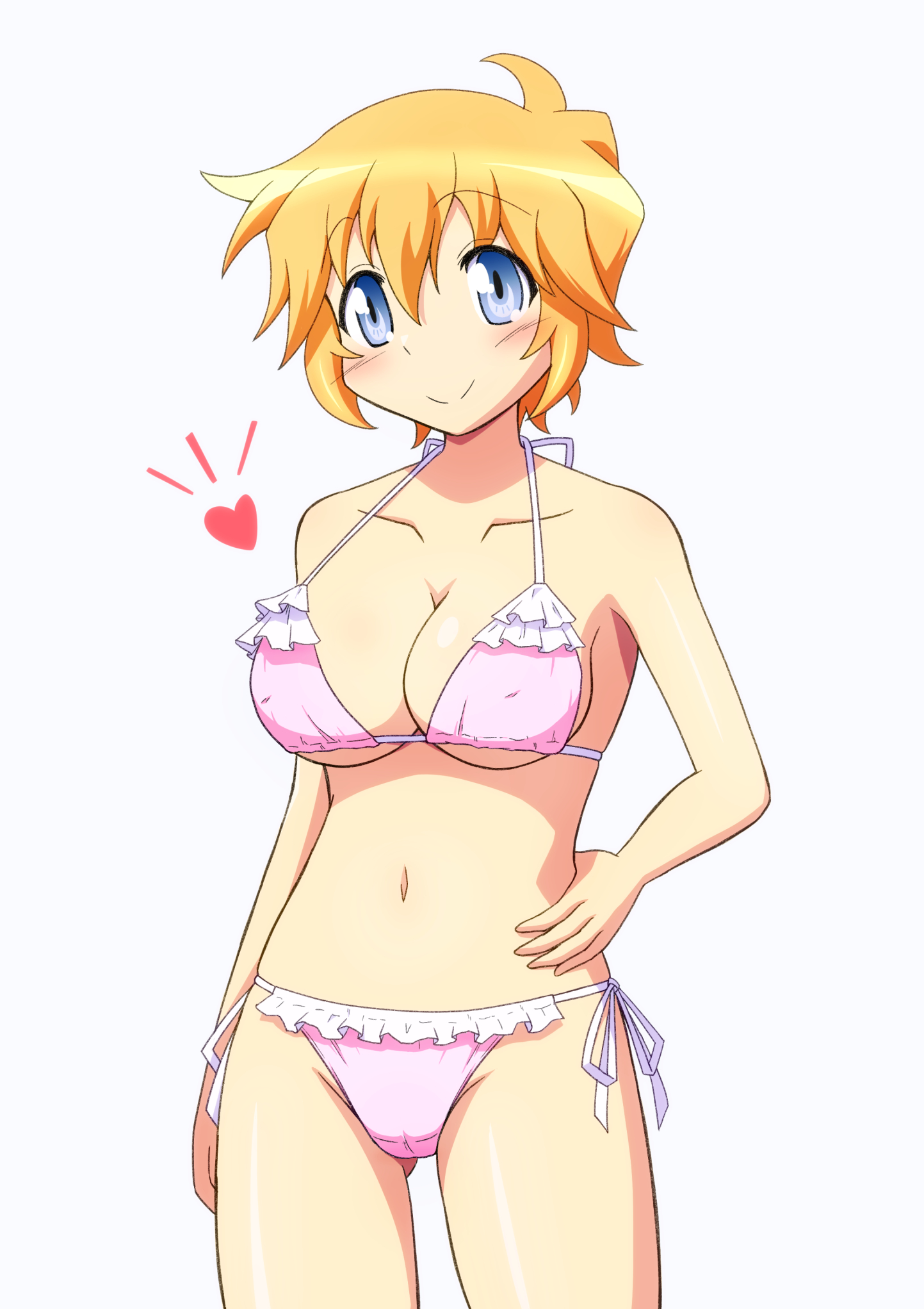 men (artist), patricia martin, lucky star, highres, 1girl, bikini, blonde hair, blue eyes, blush, breasts, frilled bikini, frills, hand on own hip, heart, large breasts, looking at viewer, pink bikini, short hair, side-tie bikini bottom, simple background, smile, swimsuit, thighs, white background