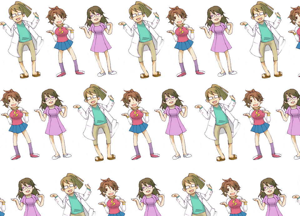 k15, billy katagiri, kati mannequin, sumeragi lee noriega, gundam, gundam 00, bad id, bad pixiv id, 00s, 1boy, 2girls, blue skirt, breasts, brown hair, collarbone, dancing, dress, full body, green dress, long hair, looking at viewer, multiple girls, ponytail, short hair, simple background, skirt, very long hair, vest, white background